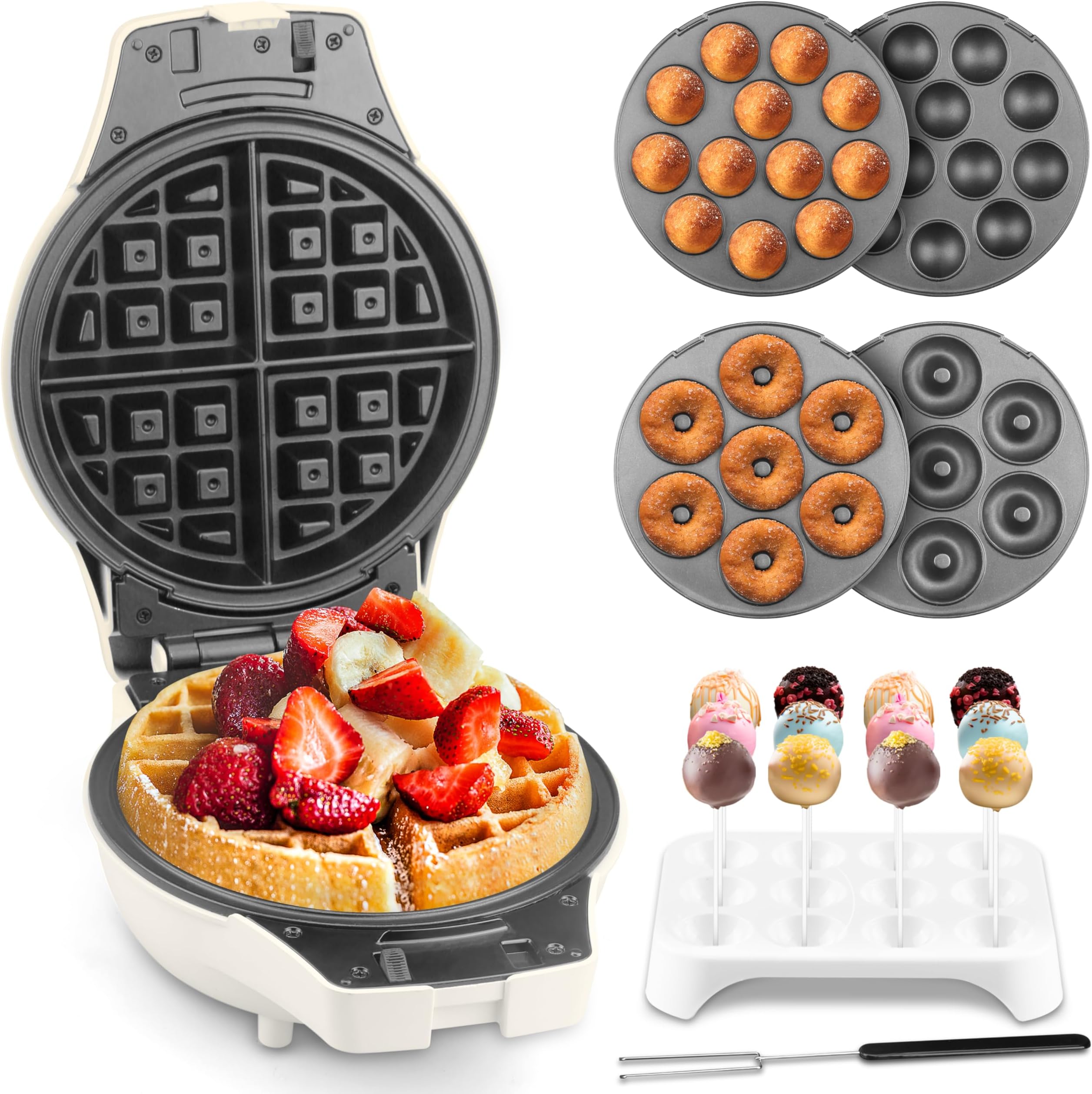 3 in 1 Thick Belgian Waffle Maker with Removable Plates, 8" Non Stick Belgian Waffle Iron Removable Plates, Mini Donut Maker Machine, Cake Pop Maker Machine Set with Tools, White