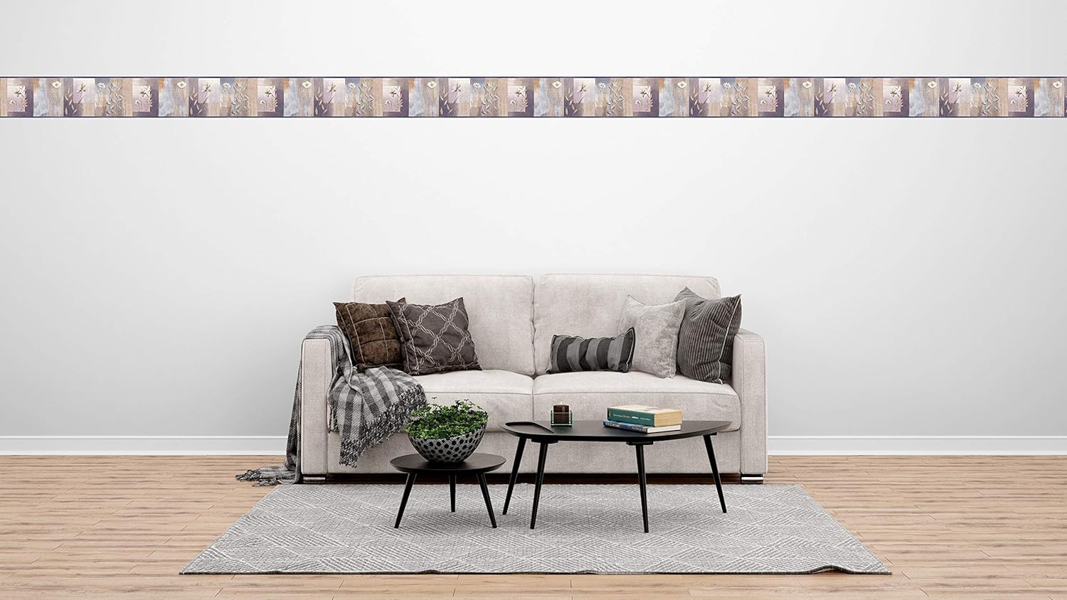 Dundee Deco Wallpaper Border Peel and Stick DDAZBD9029 Geometric Silver, Purple, Violet Flowers, Shapes Wall Border Retro Design, 15 ft x 7 in (4.57m x 17.78cm), Self Adhesive