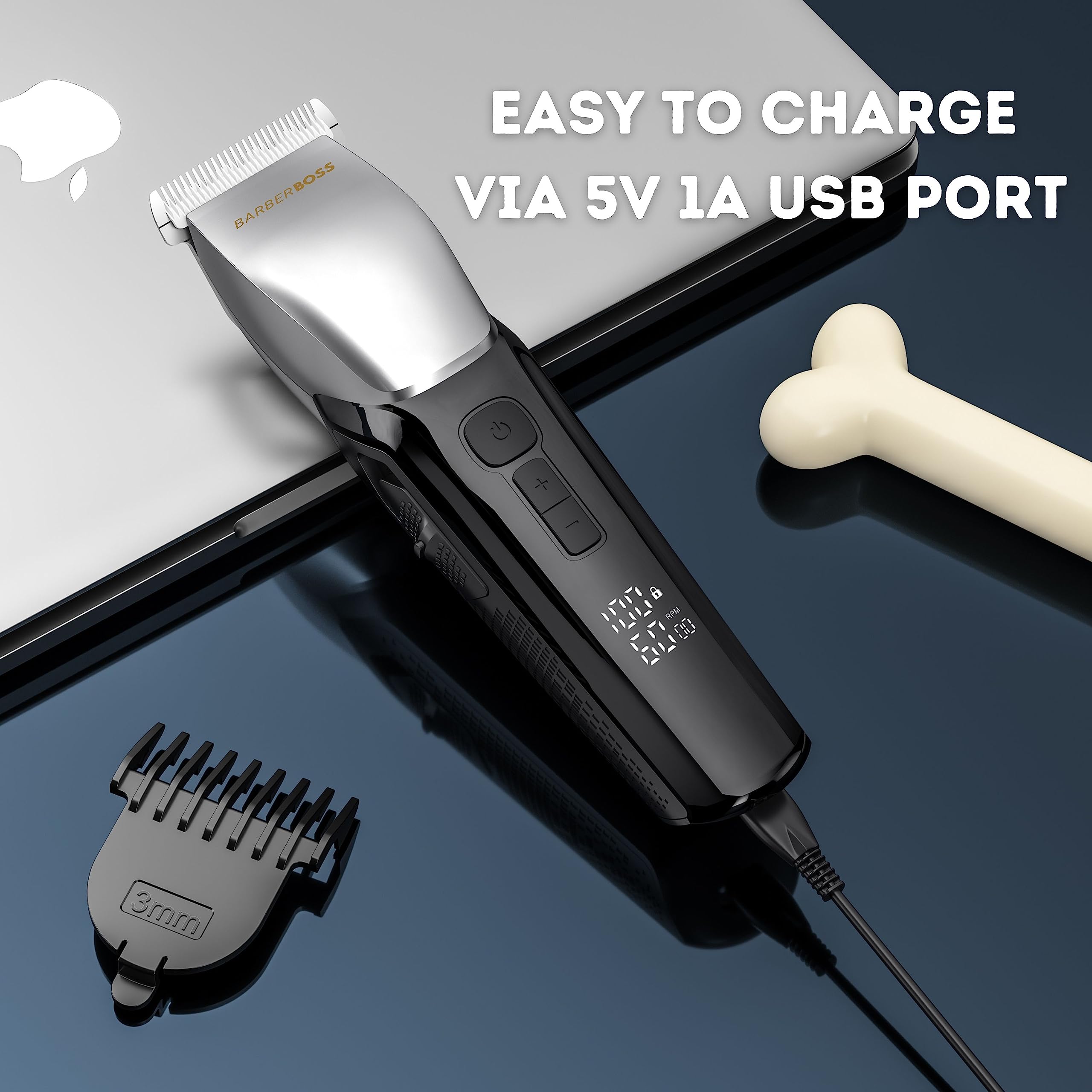 BarberBoss Tondeuse pour chiens avec 8 peignes, design élégant avec 4 vitesses, 100% étanche, tête en céramique en forme de R, affichage LED, tondeuse sans fil pour chiens et chats, QR-9083