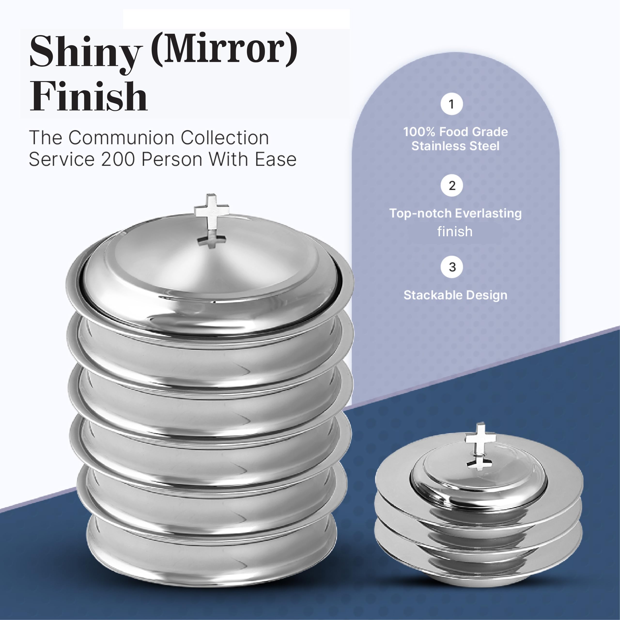 Lot De 3 Plateaux De Communion En Acier Inoxydable Poli Avec Couvercle Pour Service Religieux, 3 Plateaux Empilables Avec 120 Tasses, Remplissage De Tasses