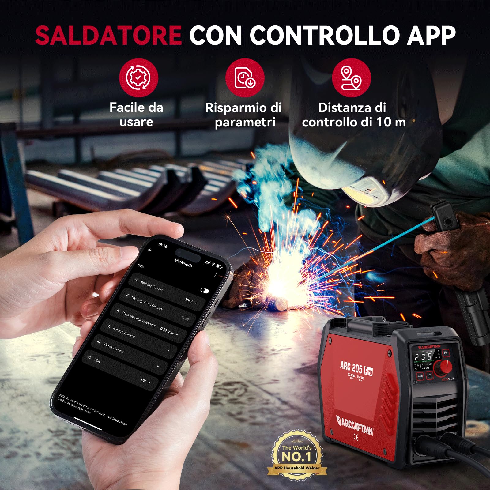 ARCCAPTAIN Saldatrice Elettrodo iControl ARC205 Pro [Controllo APP] 205Amp ARC/Lift TIG saldatrice, display a LED, IGBT Inverter 230V MMA saldatore con avvio a caldo, forza d'arco, e Anti-Stick