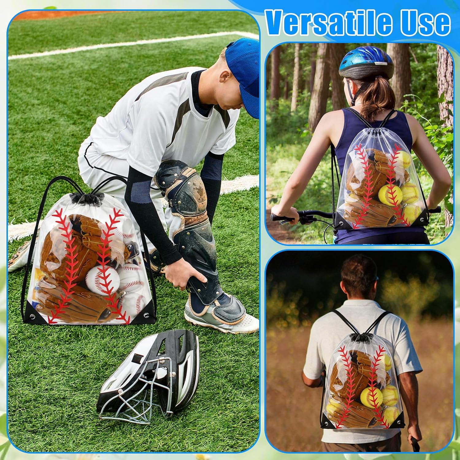 Reginary 20 Pcs Clear Baseball Drawstring Bags 16.93"x13.39" Waterproof PVC Gym Bag Bulk Baseball Party Favors Team Tournaments