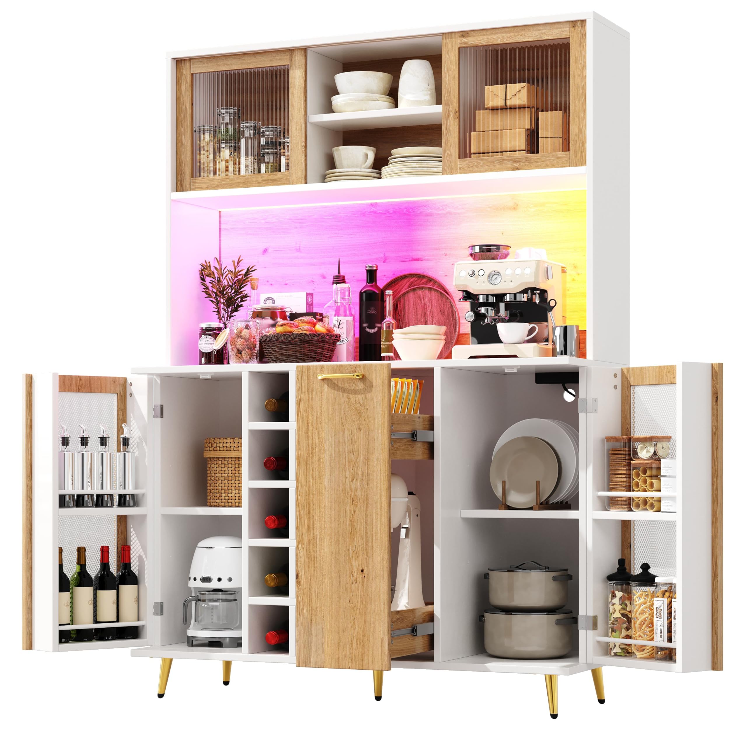 Seitenboard/Aufbewahrungsschrank/Küchenschrank/Buffetschrank, 120x40x170cm, mit LED-Beleuchtung, Weinregal, integrierte Steckdose, Weiß mit Holzoptik