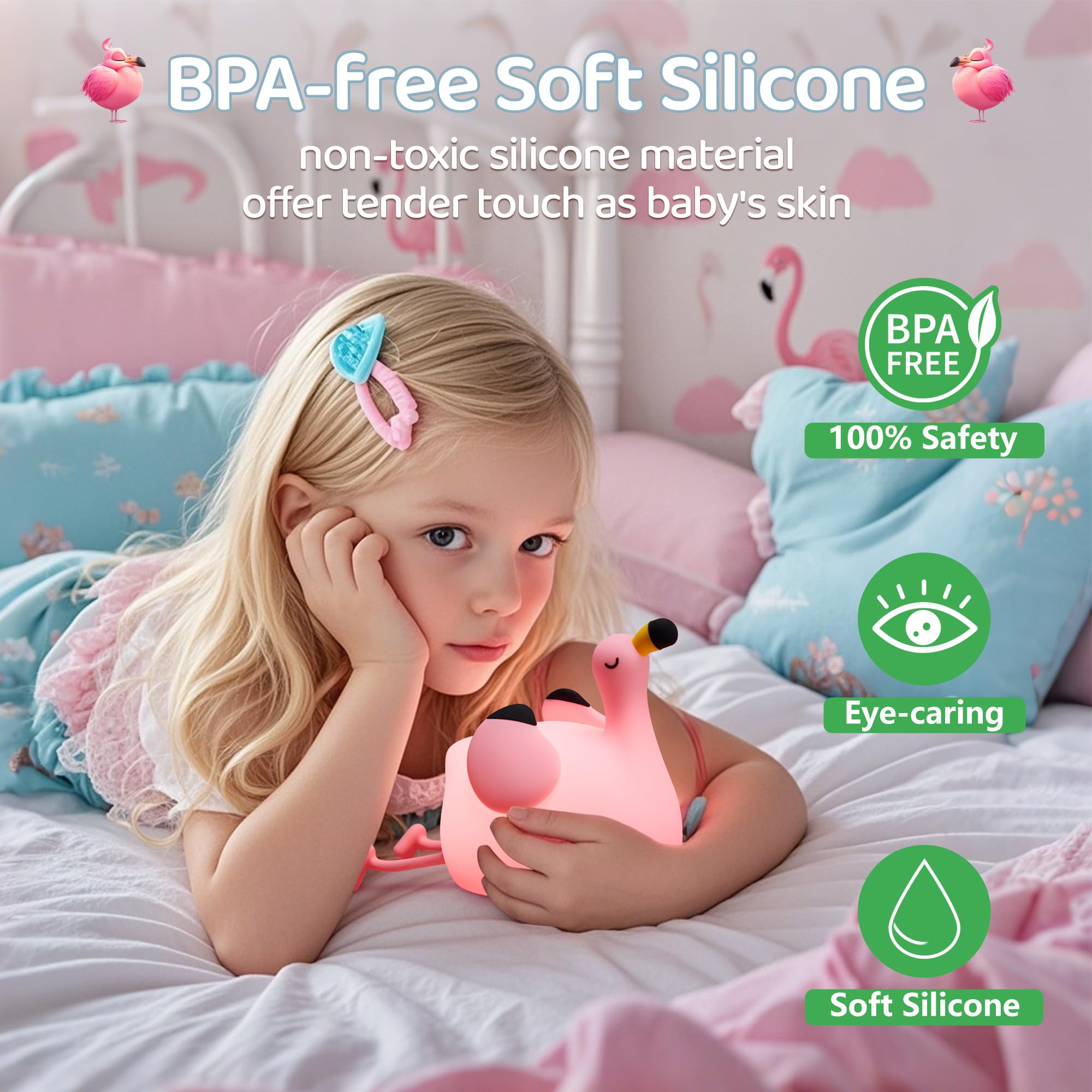 FAMIDUO Lampada Fenicottero Luce Notturna Neonato, Lampada Silicone Morbida, 3 Livelli di Luce Dimmerabile/Controllo Touch/Ricaricabile USB, Luce Notturna Bambini, Regalo per Bambina