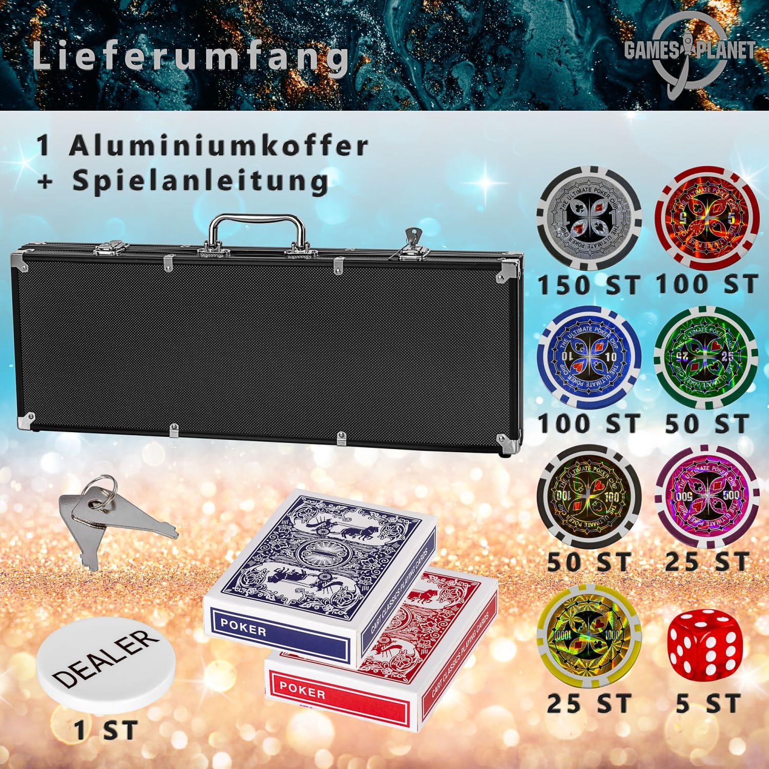 GAMES PLANET Pokerkoffer mit 500 Laser-Chips, Silver/Gold/Black Edition - Auswahl: Black