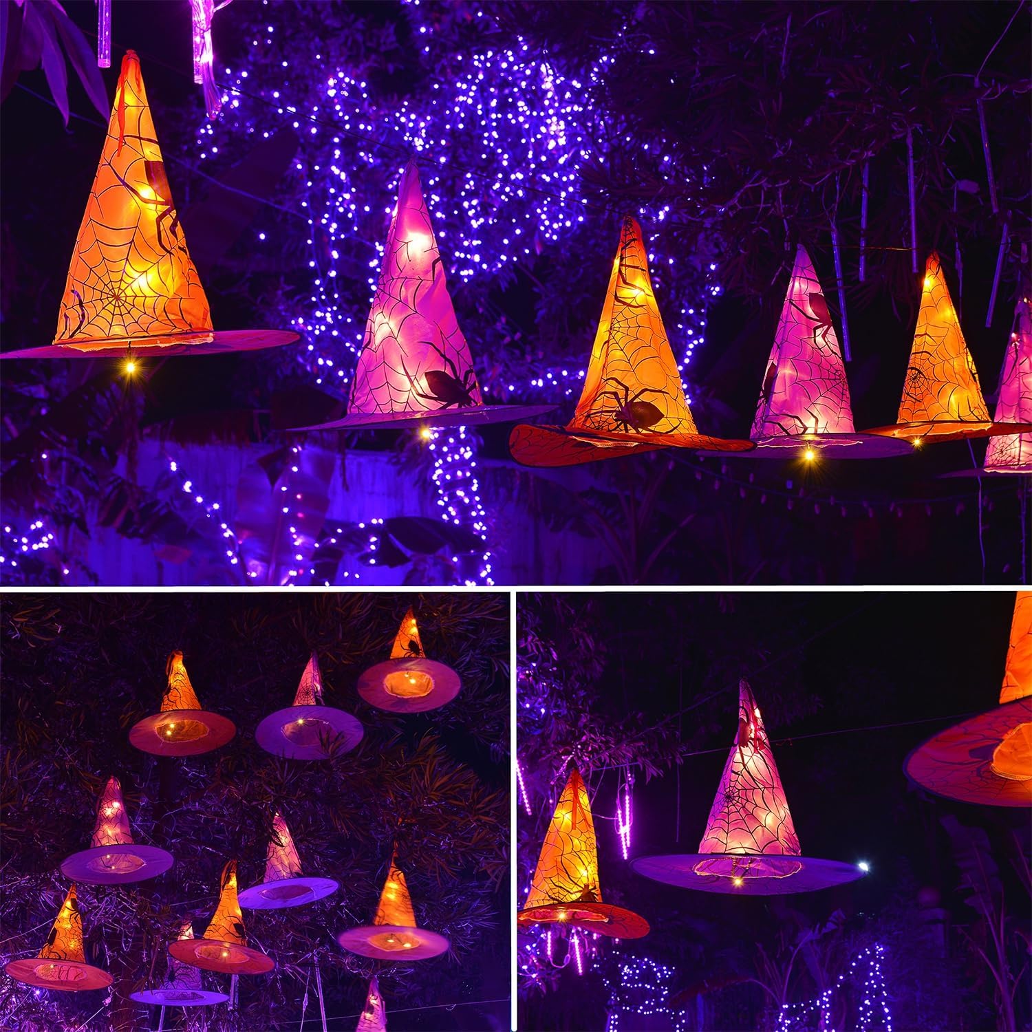 WATERGLIDE Halloween Decorations, 12Pcs Each Lighted Hanging Witch Hats, with 8 Modes Light Up 14 FT Halloween String Lights, for Indoor Outdoor Yard, Lawn, Graveyard Scenes Party