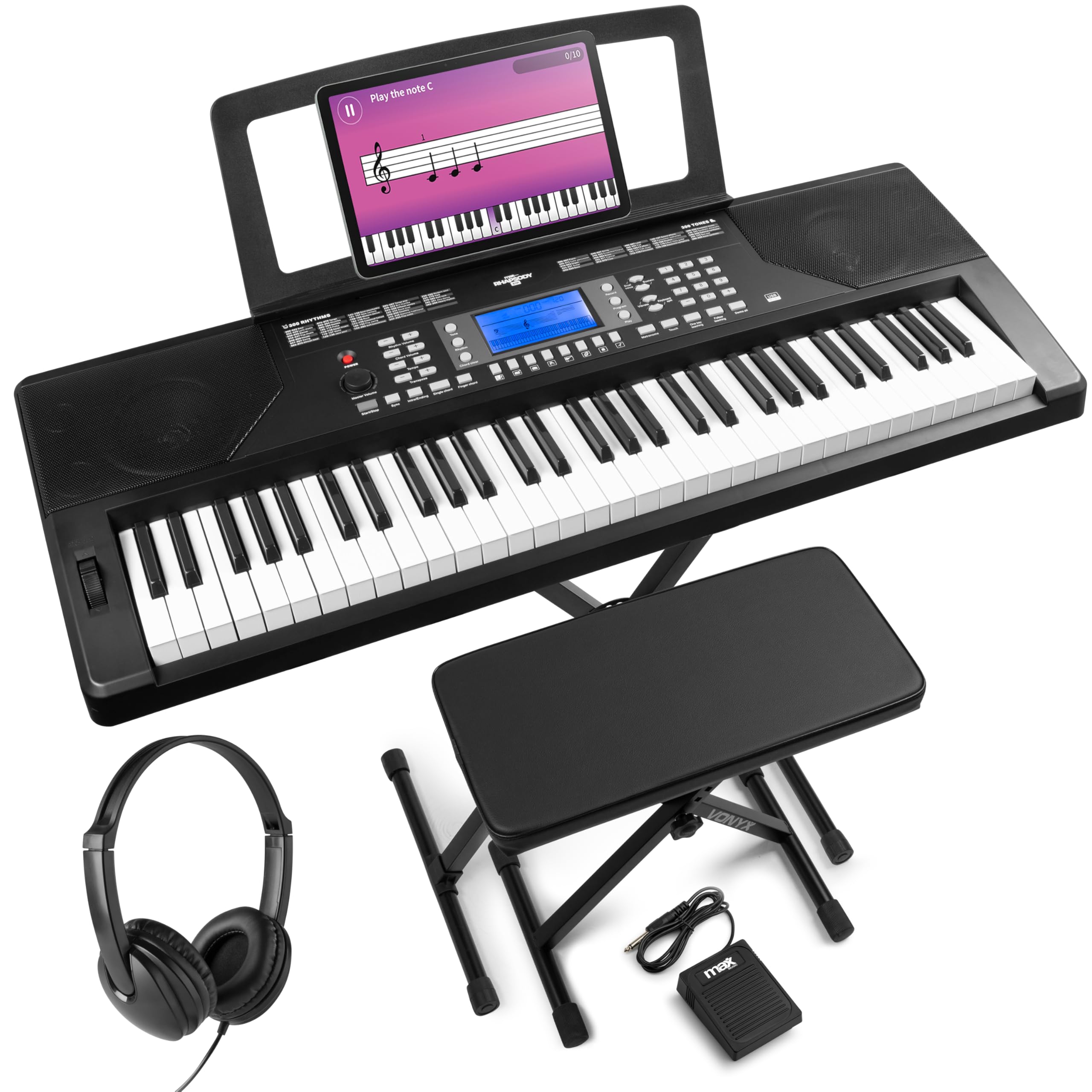 MAX Rhapsody61P - Piano digital de 61 teclas con taburete y pedal | 300 sonidos con función de aprendizaje, pantalla LCD y 40 canciones demo, incluye auriculares y soporte de teclado