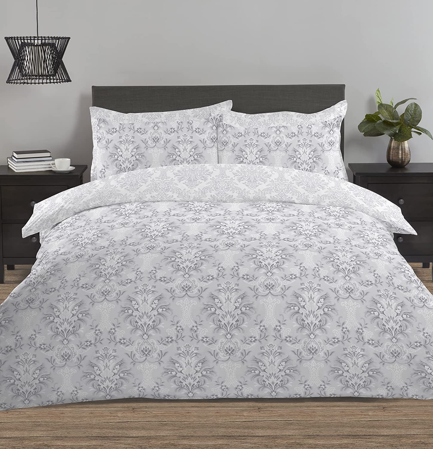 Night Comfort Damask-Grey Percale Duvet Cover Set With Pillowcase - Luxury Cotton Blend Reversible Bed Set Quilt And Pillow Cover (Grey Damask, King)