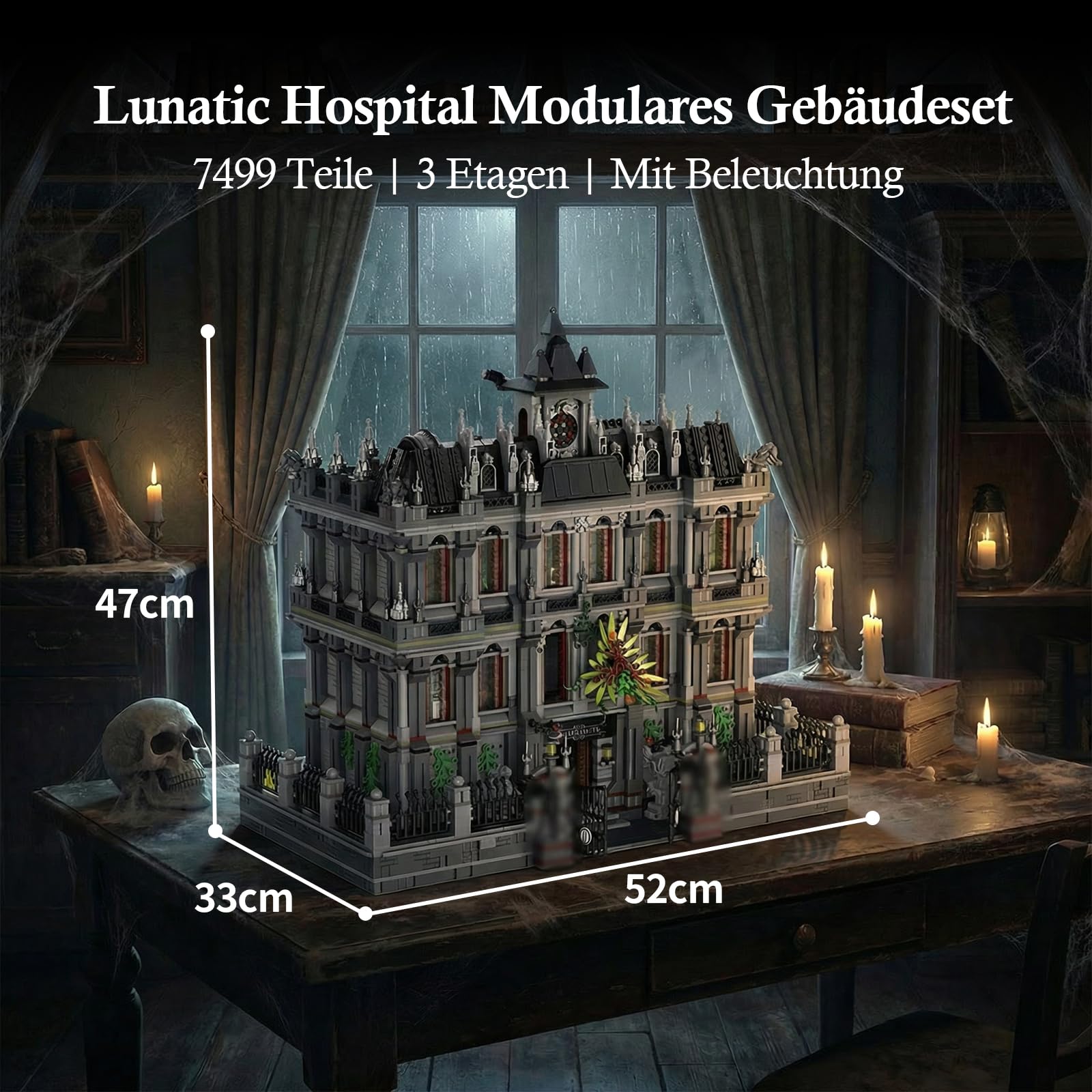 Lunatic Hospital Architecture Klemmbausteine mit Licht - 7499 Teile Gotisches Irrenhaus Modular Buildings, Dreistöckiges Haus Bauset für Erwachsene Kompatibel mit Panlos