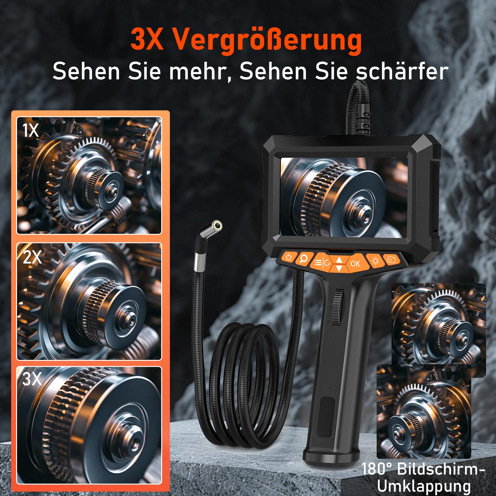 Endoskopkamera mit Licht, 1080P HD 5'' LCD 360° Drehbare Endoskop