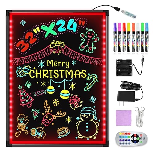 Hosim LED Message Writing Board 32"x24" Illuminated Erasable Neon Restaurant Menu Sign with 8 Colors Markers,16 Lighting Colors DIY Message Chalkboard for Christmas and New Year's Promotion - Colorful 32*24"