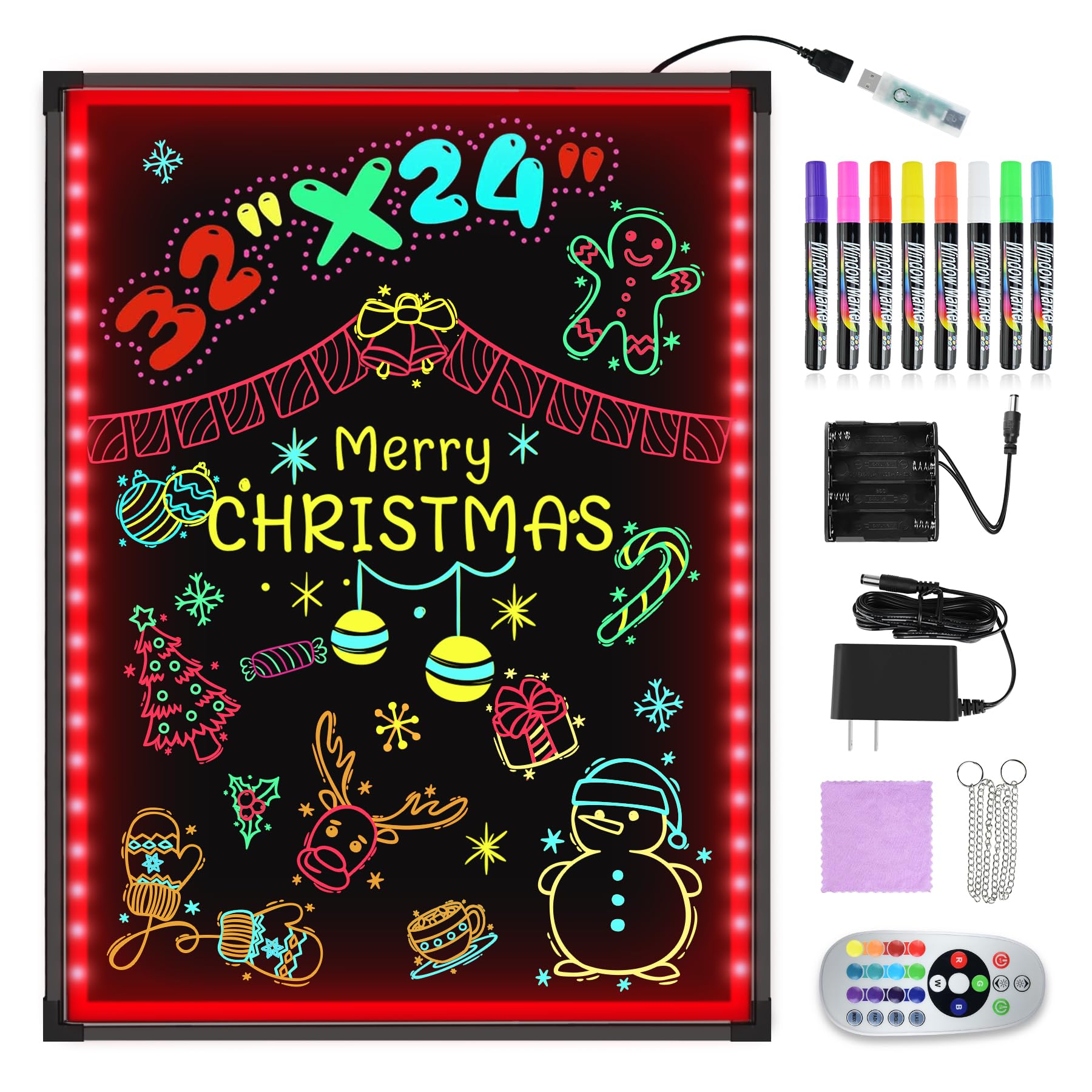 Hosim LED Message Writing Board,32"x24" Illuminated Erasable Neon Effect Restaurant Menu Sign with 8 colors Markers, 7 Colors Flashing Mode DIY Message Chalkboard for Kitchen Wedding Promotions (6080)