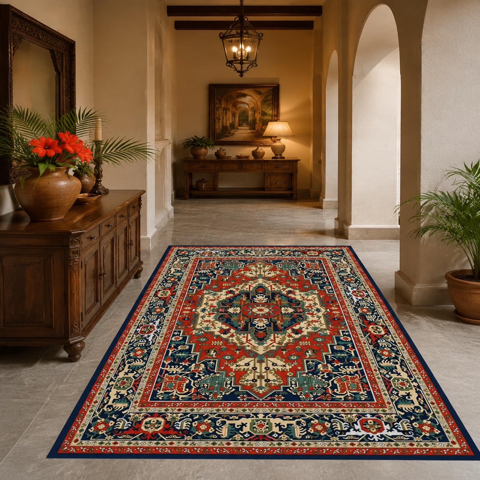 Generisch Waschbarer Teppich,Vintage Rot, Blau, Beige, Grün, 80 x 150 cm, Kurzflor Teppiche Maschinenwäsche für Flur Küche Sofatisch Wohnzimmer Schlafzimmer,