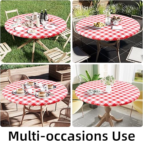 Miniatura 8 de smiry - Mantel de vinilo redondo para mesa de 57-68 pulgadas, mantel elástico, ajustado e impermeable, diseño de cuadros, respaldo en franela, para