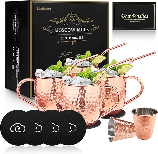 Baban Moscow Mule Copper Mugs Set of 4, Handcrafted Food Safe Copper Cups for Moscow Mule, 500 ML Gift Set Includes 2 Measuring Cups, 4 Curved Straws & 4 Coasters(9mm)
