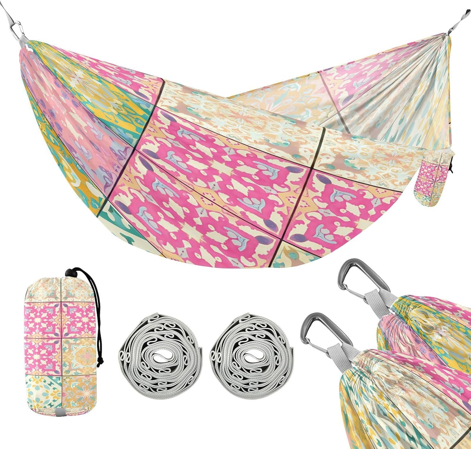 Vintage Tiles Camping Hammock Portable Hanging Hammock with Tree Straps Up to 330lbs for Travel Outdoor Garden Patio