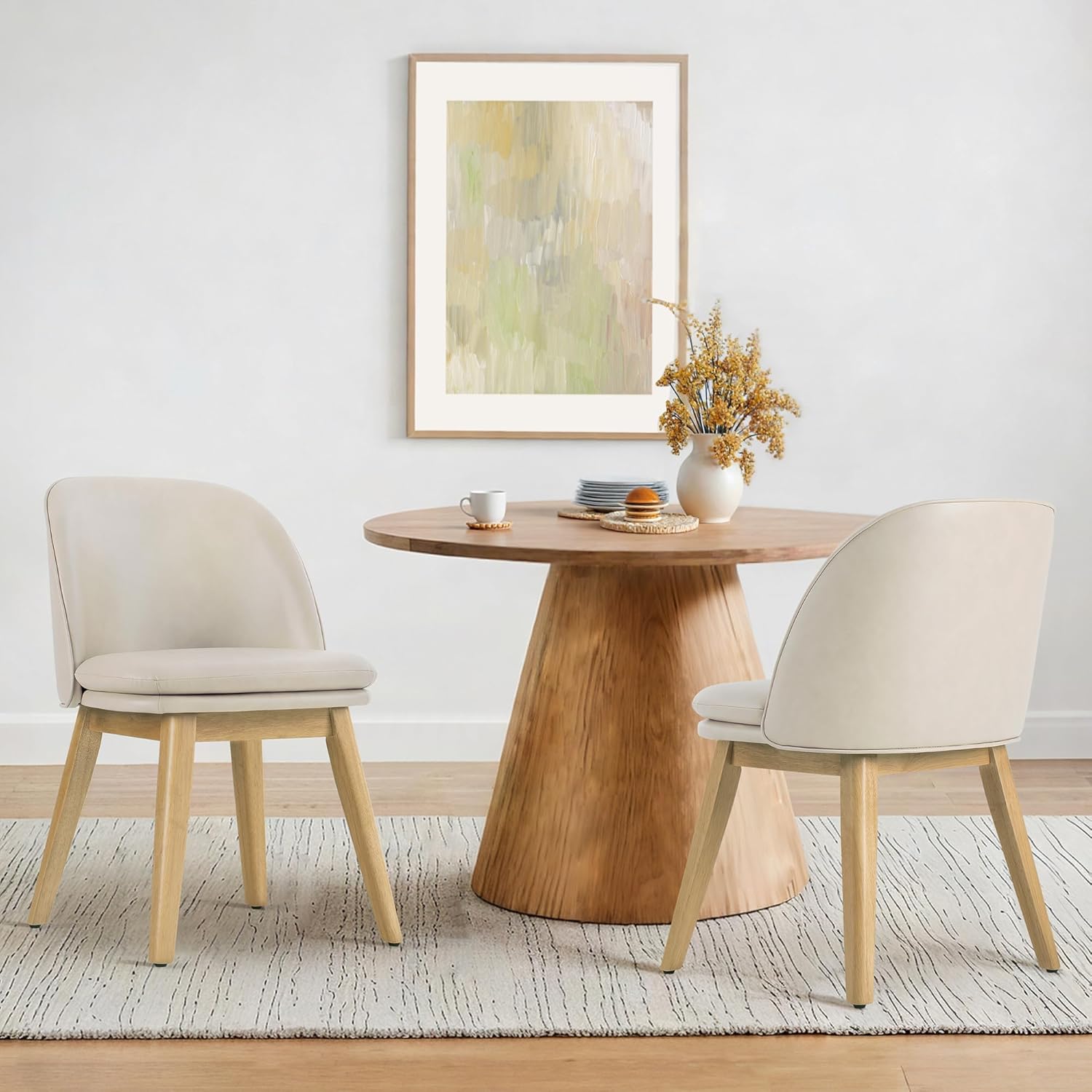 Wooden Dining Chairs Set of 2, Faux Leather Upholstered Modern Dining Room Chairs with Double-Layer Thick Seat Cushion & Ergonomic Backrest for Restaurant, Kitchen and Café, Beige Beige Pu set of 2