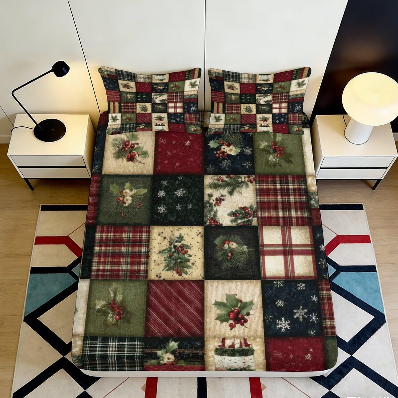 3D Printed Christmas Patchwork Fitted Sheet Microfiber Soft Plaid Holly Mattress Cover for Bedroom Dorm Decor 90x200x25cm