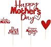 Unimall Pack of 25 Red Glitter Cake Topper Set Best Mom Heart Love Mother Cupcake Topper & Cake Topper for Mothers Day Party Decoration, Small