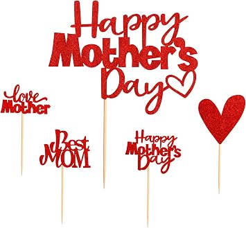Unimall Pack of 25 Red Glitter Cake Topper Set Best Mom Heart Love Mother Cupcake Topper & Cake Topper for Mothers Day Party Decoration, Small
