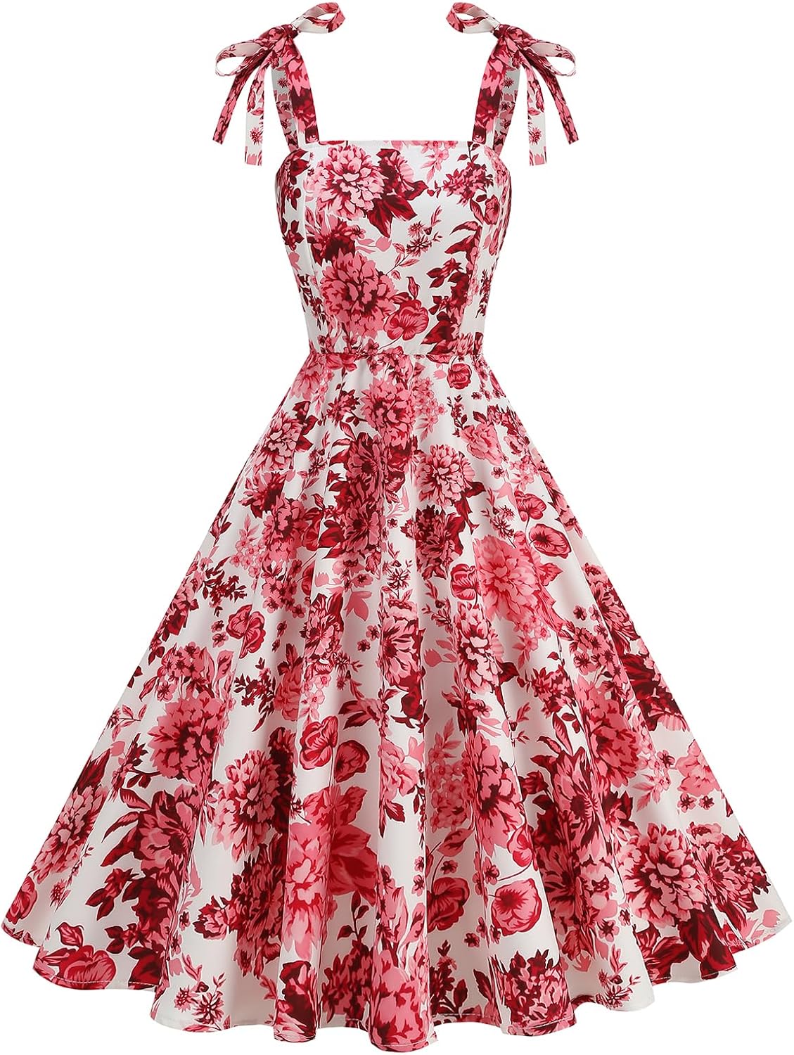 Women's Elegant Rockabilly 1950s Retro Dress Tie Knot Square Neck Floral Print Midi Swing Cocktail Dresses