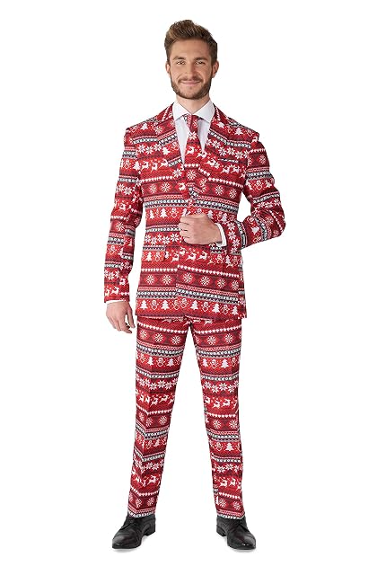 Suitmeister Traje de Navidad para Hombre imprimi Nordico X-Mas ajustado - Rojo