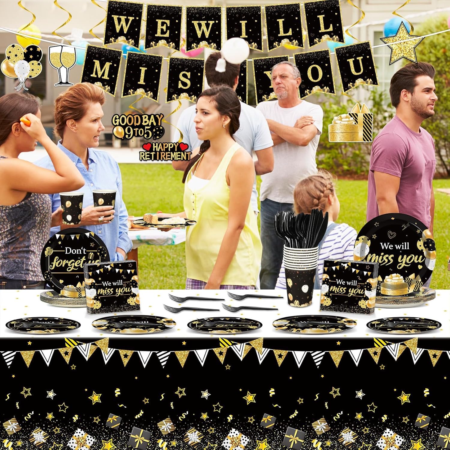 184pcs We Will Miss You Party Supplies Going Away Party Disposable Paper Plates Napkins Cups Tablecloth Swirl Banner Farewell Dessert Cake Dinner Tableware Leaving Retirement Party Decoration Serve 25