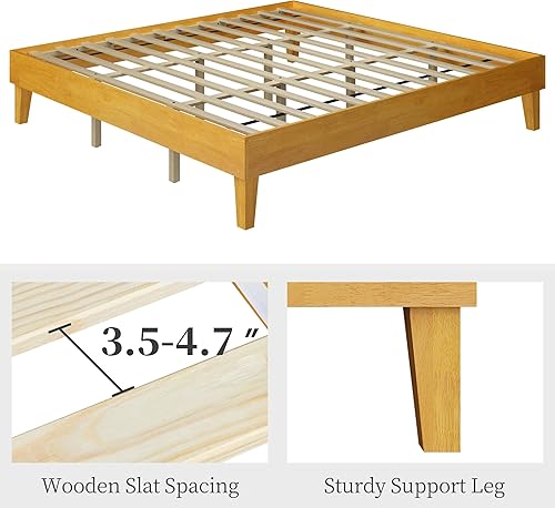 Miniatura 46 de Yaheetech Base de cama Queen con plataforma de madera maciza natural con soporte de listones de madera, espacio debajo de la cama de 12 pulgadas