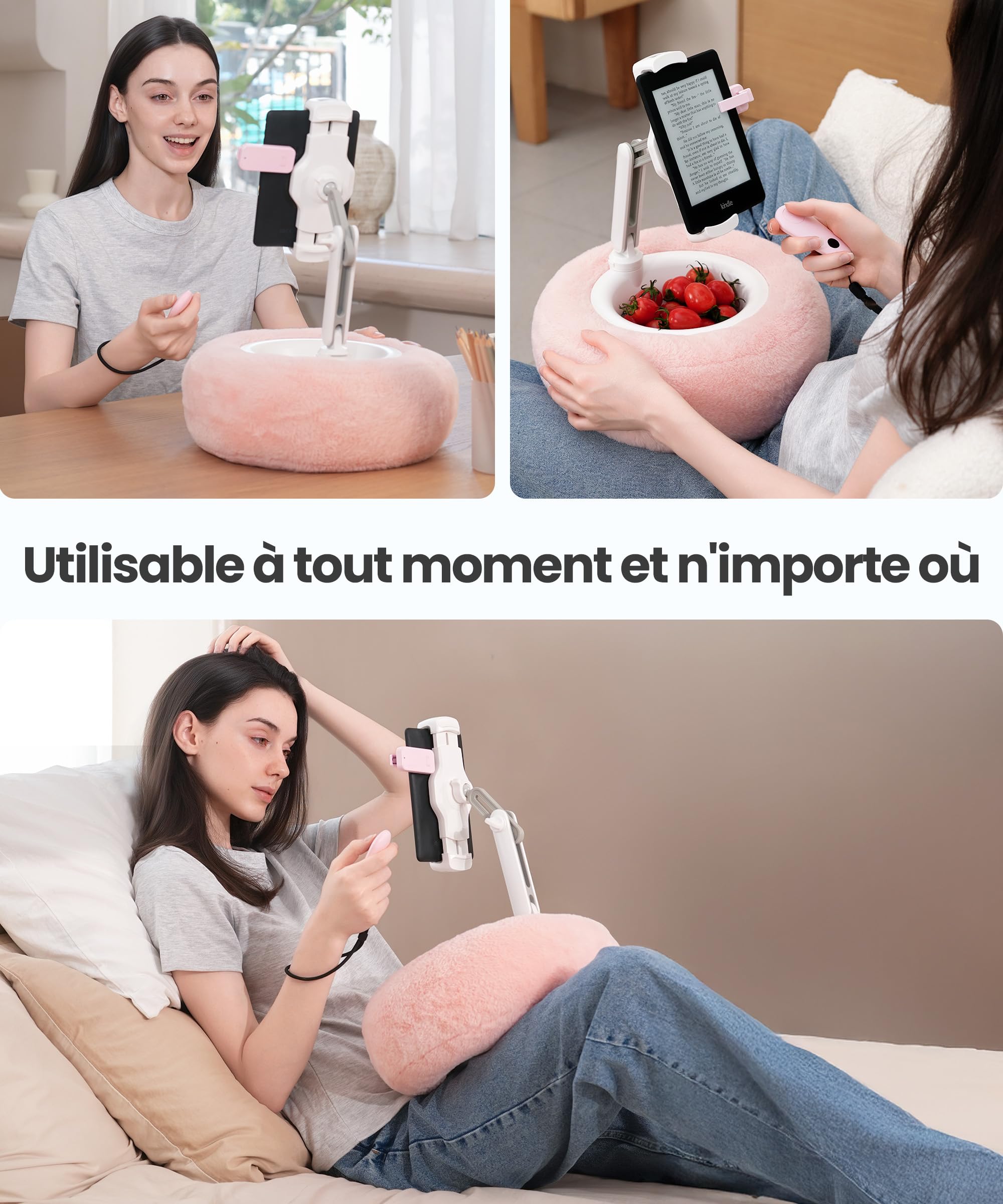 VOLTIFYMAX Coussin pour Tablette avec Tourne-Page Kindle, Support iPad 360° Réglable et Bol à Snacks, Compatible Kindle 4.7"-13"/Paperwhite/iPad/iPhone/Samsung, Rose