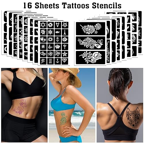 Miniatura 3 de Plantillas de tatuaje para niños y adultos – Kit de 16 hojas de henna con diseños pequeños y grandes para tatuajes reales – esqueleto, araña, búho,