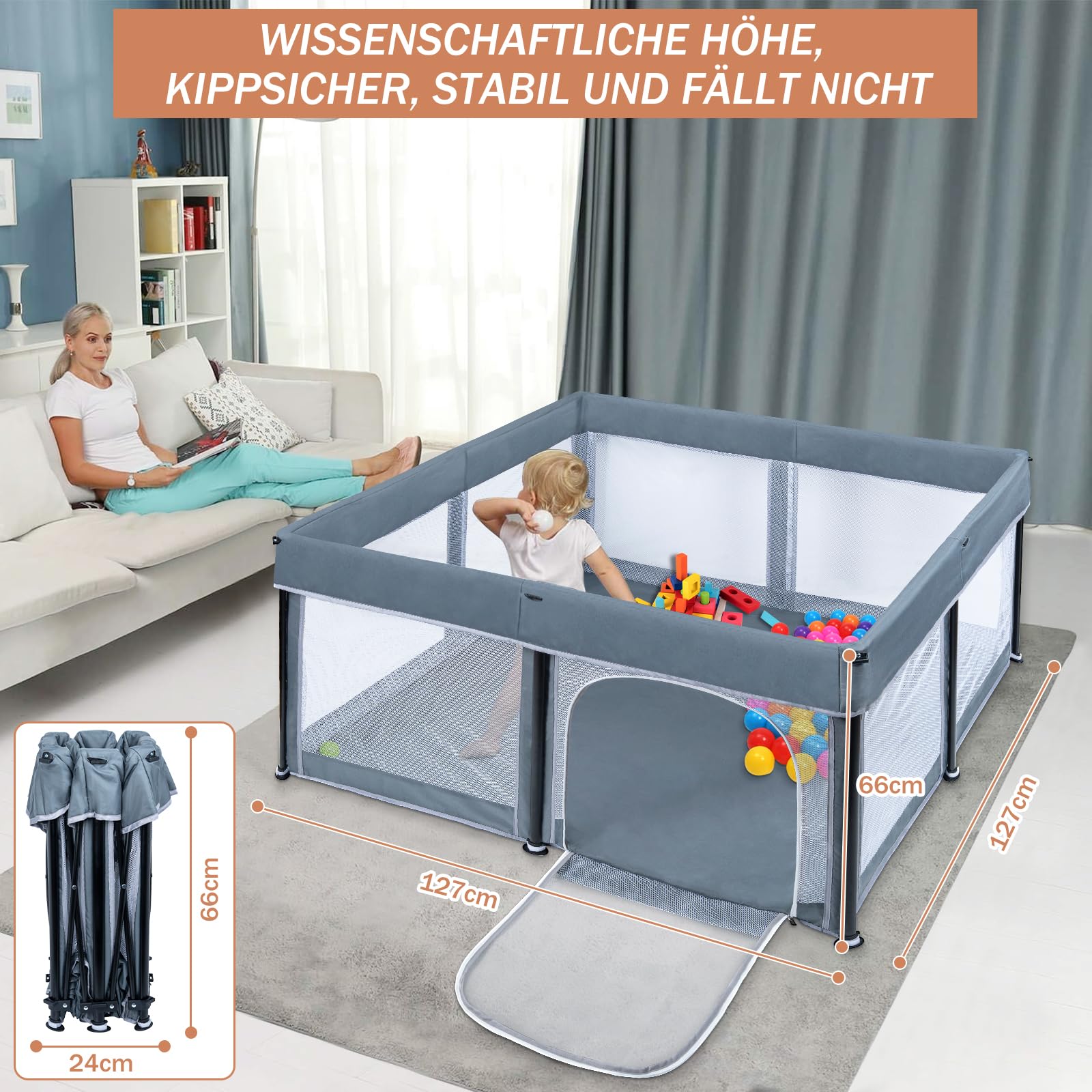 OUUTMEE Box per bambini, 127 x 127 cm, pieghevole, recinzione da gioco per bambini, 150D, Oxford, per interni ed esterni, con custodia, Playpen (grigio scuro)