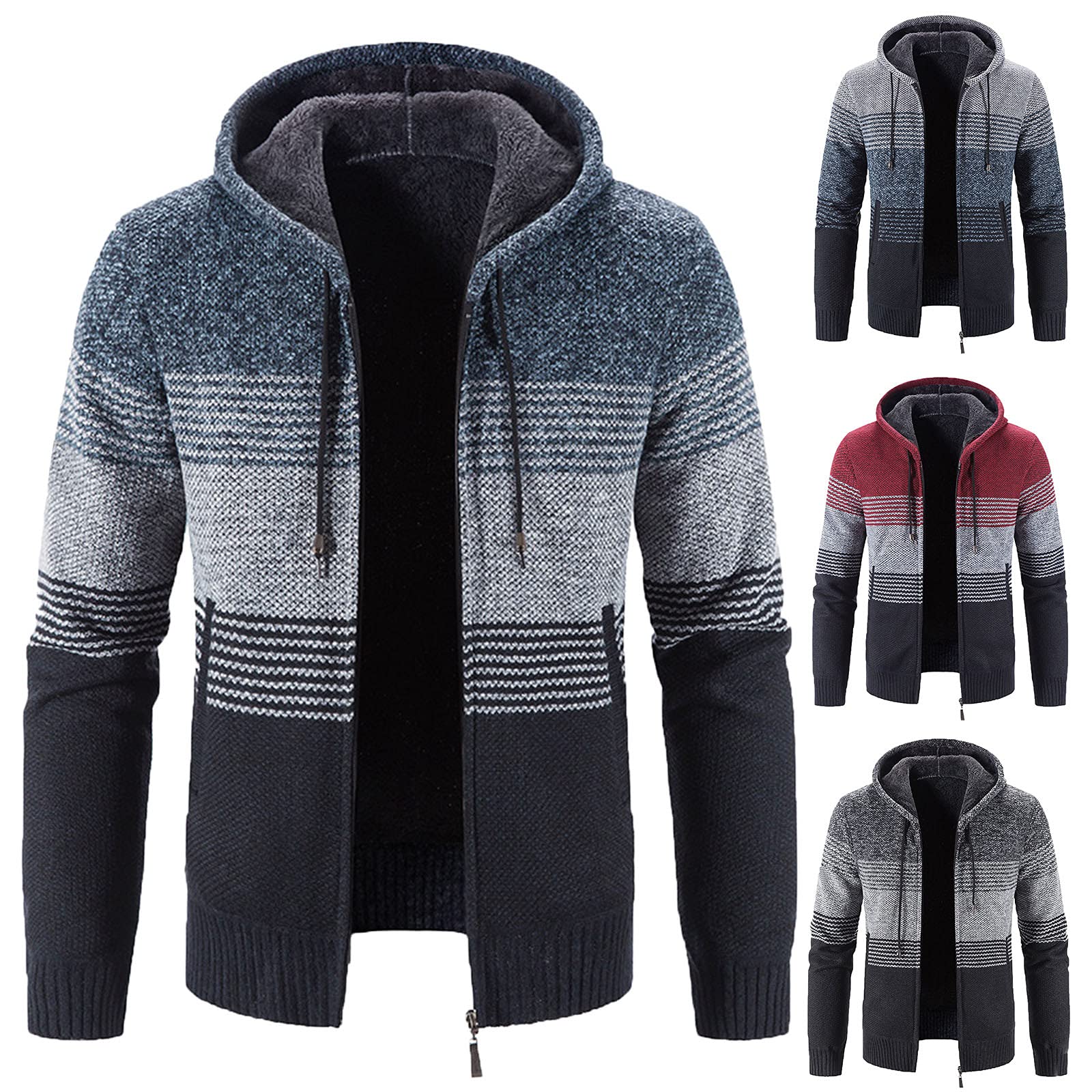 GenericMens Cardigan Sweater, Men's Open Front Cardigan Sweater Full Zip Up Color Block Hooded Hoodies Knitted Sweater Jackets Coats