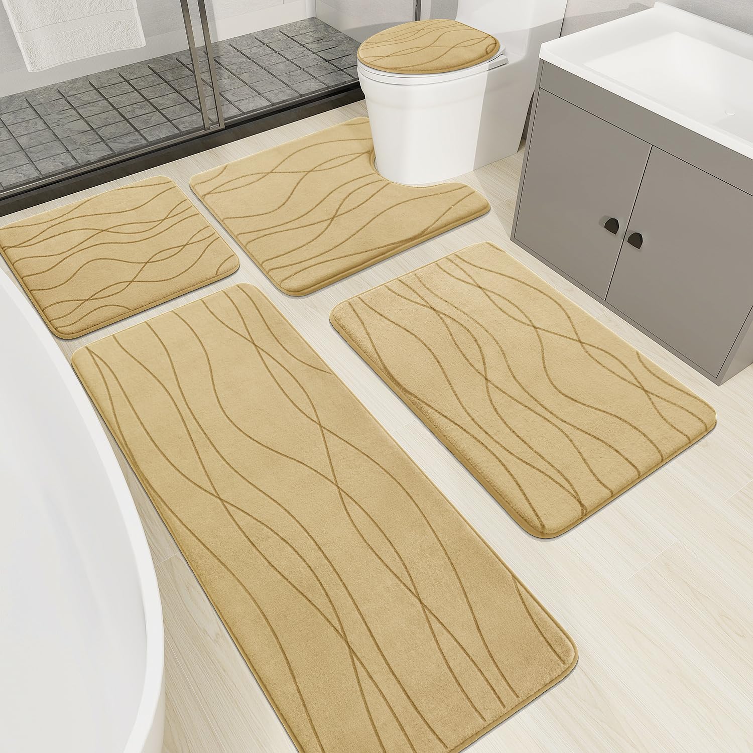 YIHOUSE Memory Foam Beige Bathroom Rug Sets 5 Piece, Ultra Absorbent Bath Mat for Bathroom - Non-Slip Machine Washable & Dry Quickly, 5 Piece Bathroom