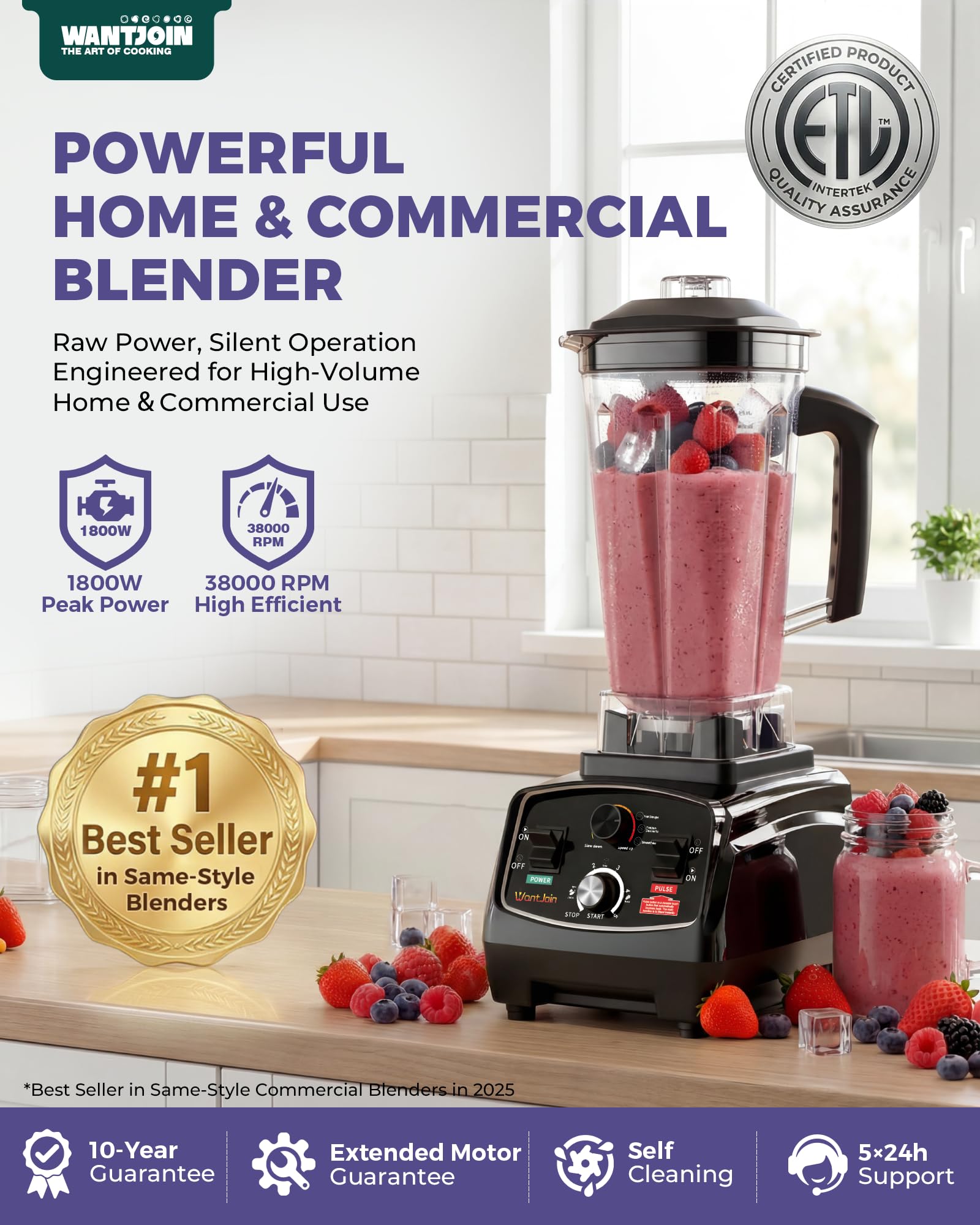 WantJoin Hochleistungsmixer 1800W | 2000ml Smoothie Maker für Gastronomie & Haushalt, ETL-geprüfter Standmixer mit Timer, Eiscrusher für Frozen Dessert, Suppe & Fisch