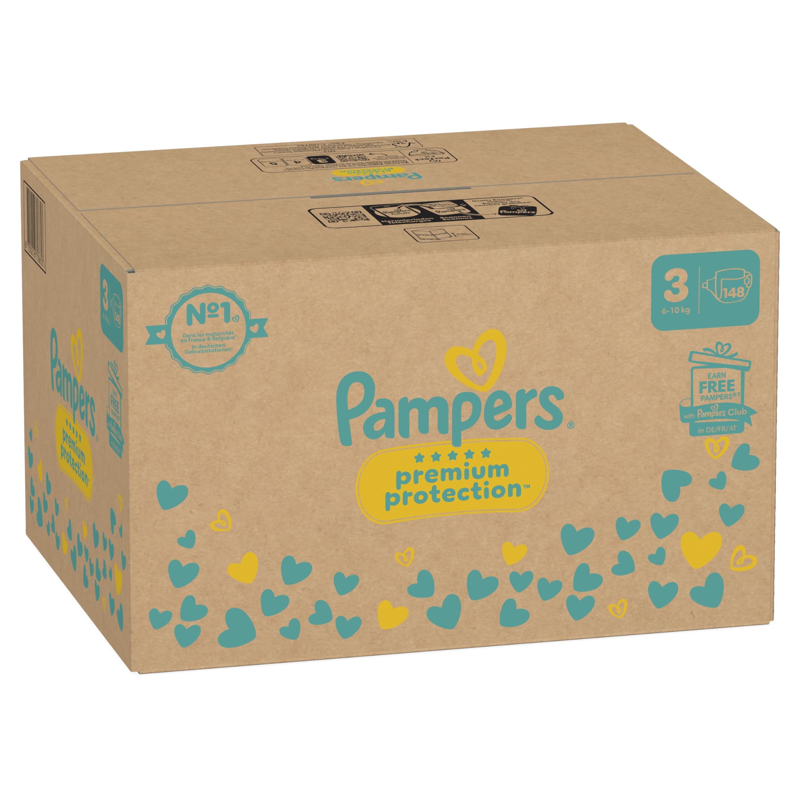 Pampers Premium Protection Taille 3, 148 Couches, 6-10kg, Double Protection