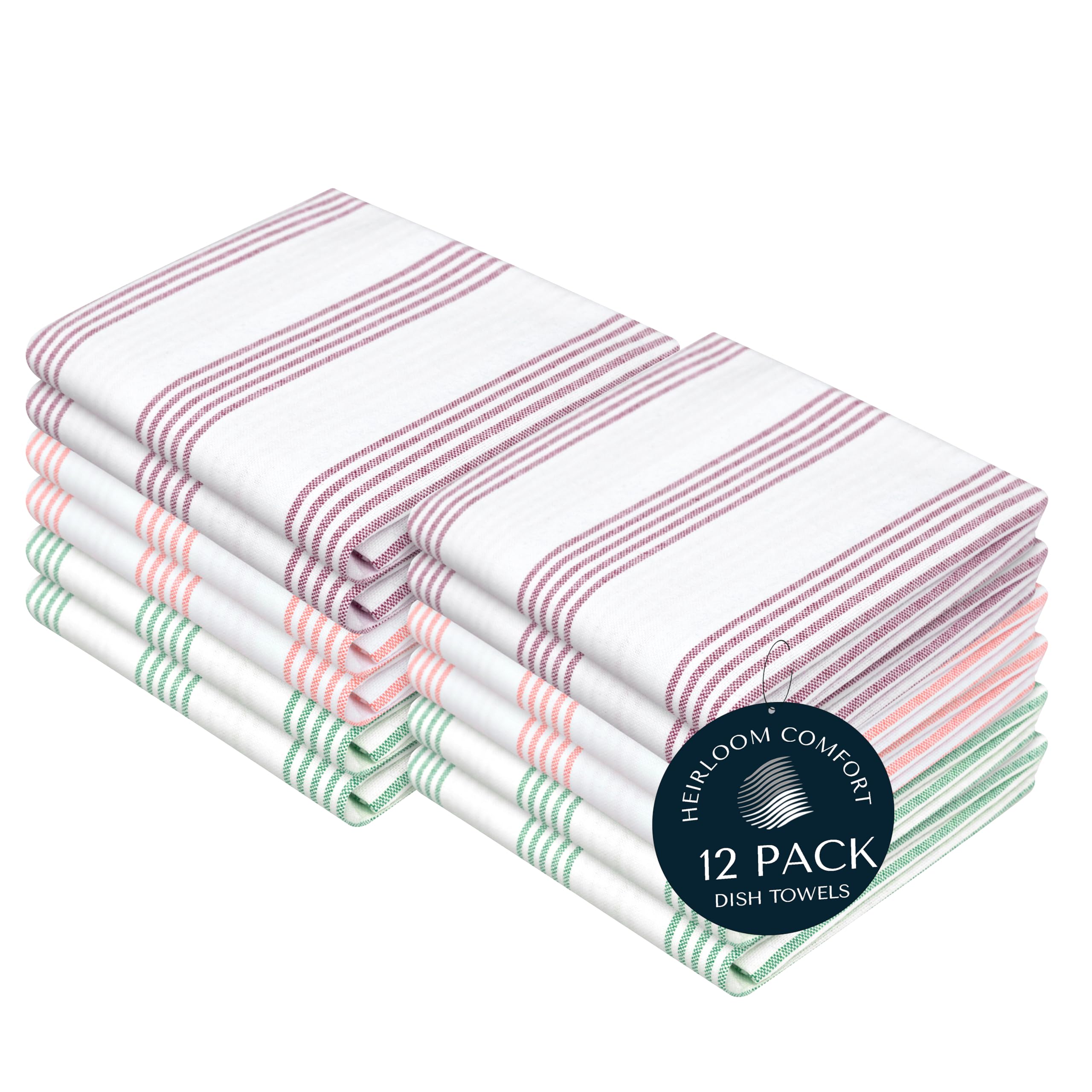HEIRLOOM COMFORT Multi Colors Kitchen Towels 12 Pack, 100% Cotton, Pin Striped Towel Set, Super Absorbent & Durable Dishcloths, Quick Drying for Drying Dishes - Burgundy, Orange, Green