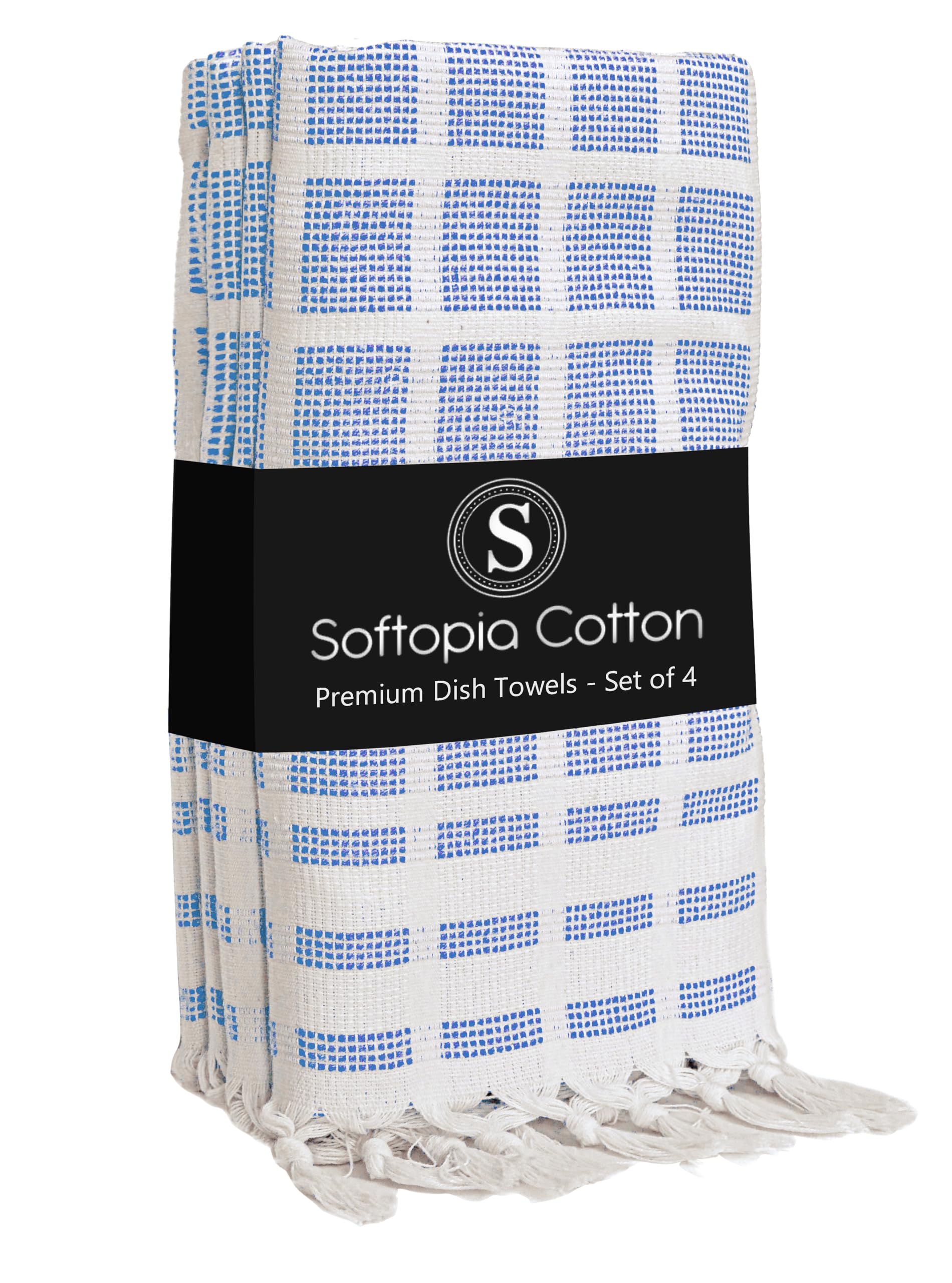 Matrix Dobby Kitchen Towels 4 Pack, 100% Cotton, 16x26 Inches, Handmade Knotted Tassel Dish Towels, Quick Dry, Durable, Absorbent and Reusable Cleaning Cloths - Sky Blue, Natural