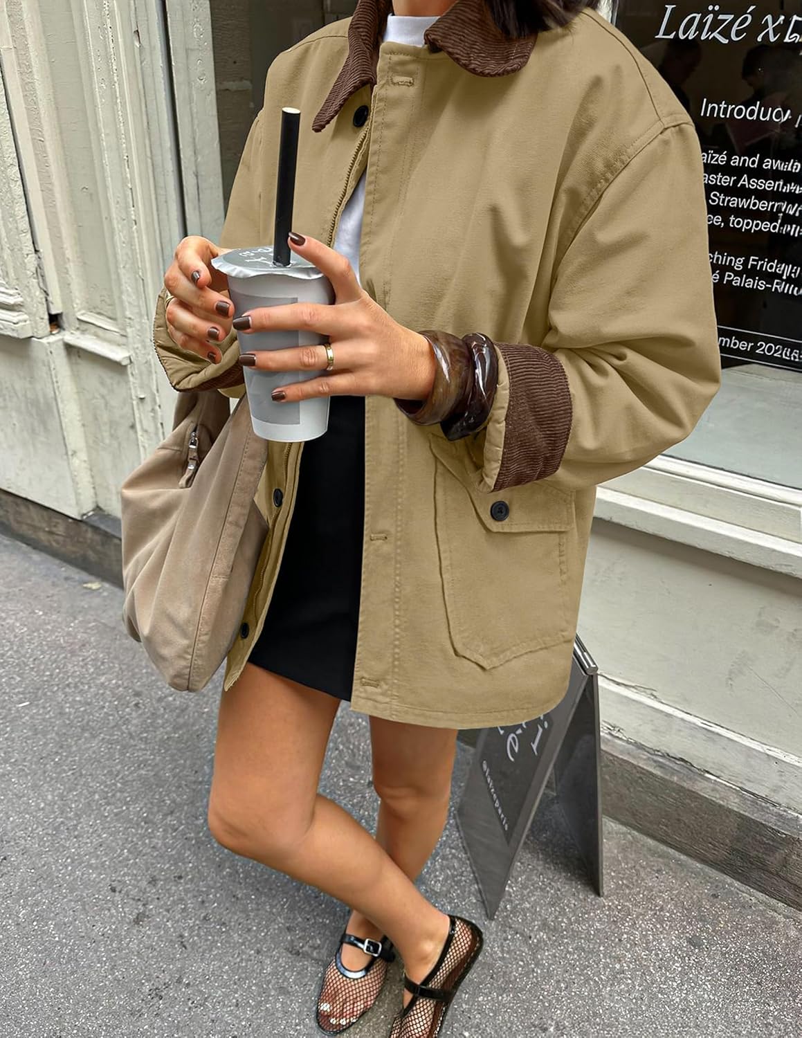 ZESICA Women's Trendy Casual Oversized Barn Jackets 2026 Spring fall Lightweight Contrast Collar Zip Up Cotton Cargo Coat - Image 3