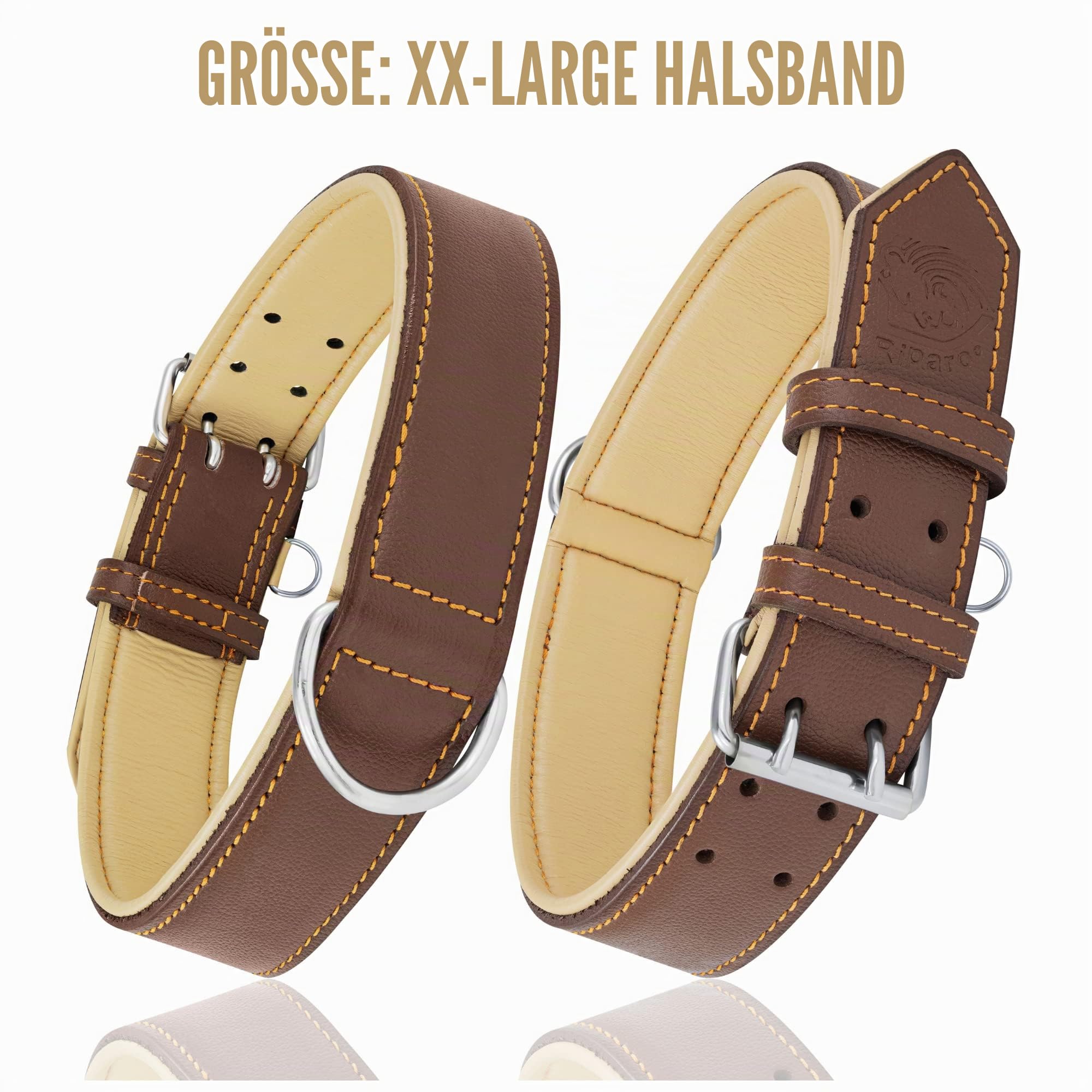 Riparo Echtes Leder Verstellbares Hundehalsband mit Zusätzlicher Verstärkung (XXL: 5CM Breit für 60,9CM - 73,7CM Hals, Braun)