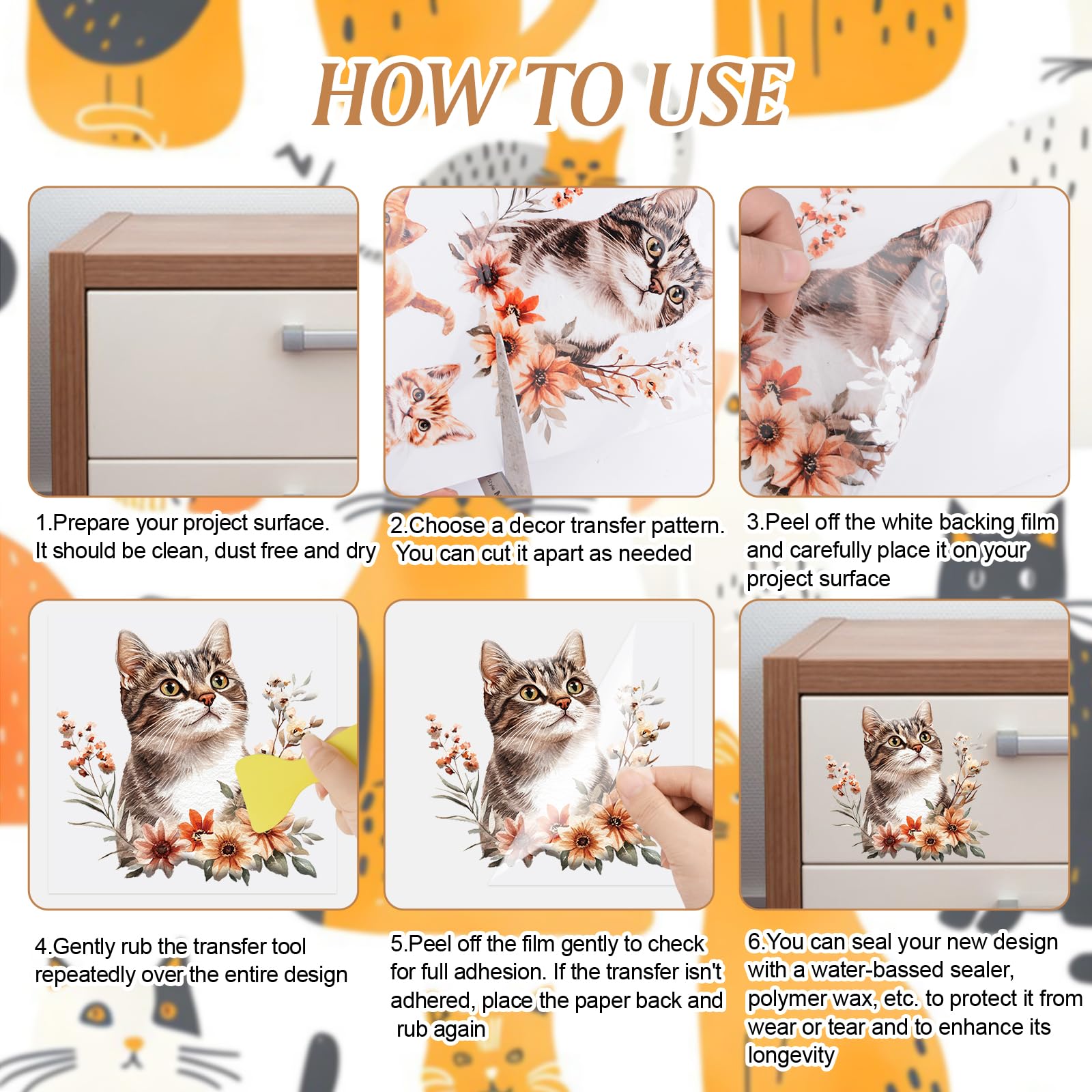 HICOHAND Rub on Transfers for Crafts 3 Sheets Cats Theme 5.91 * 11.81in Rub on Transfers for Furniture and Crafts for Wood Farbic Glass DIY Home Office Decoration - Image 4