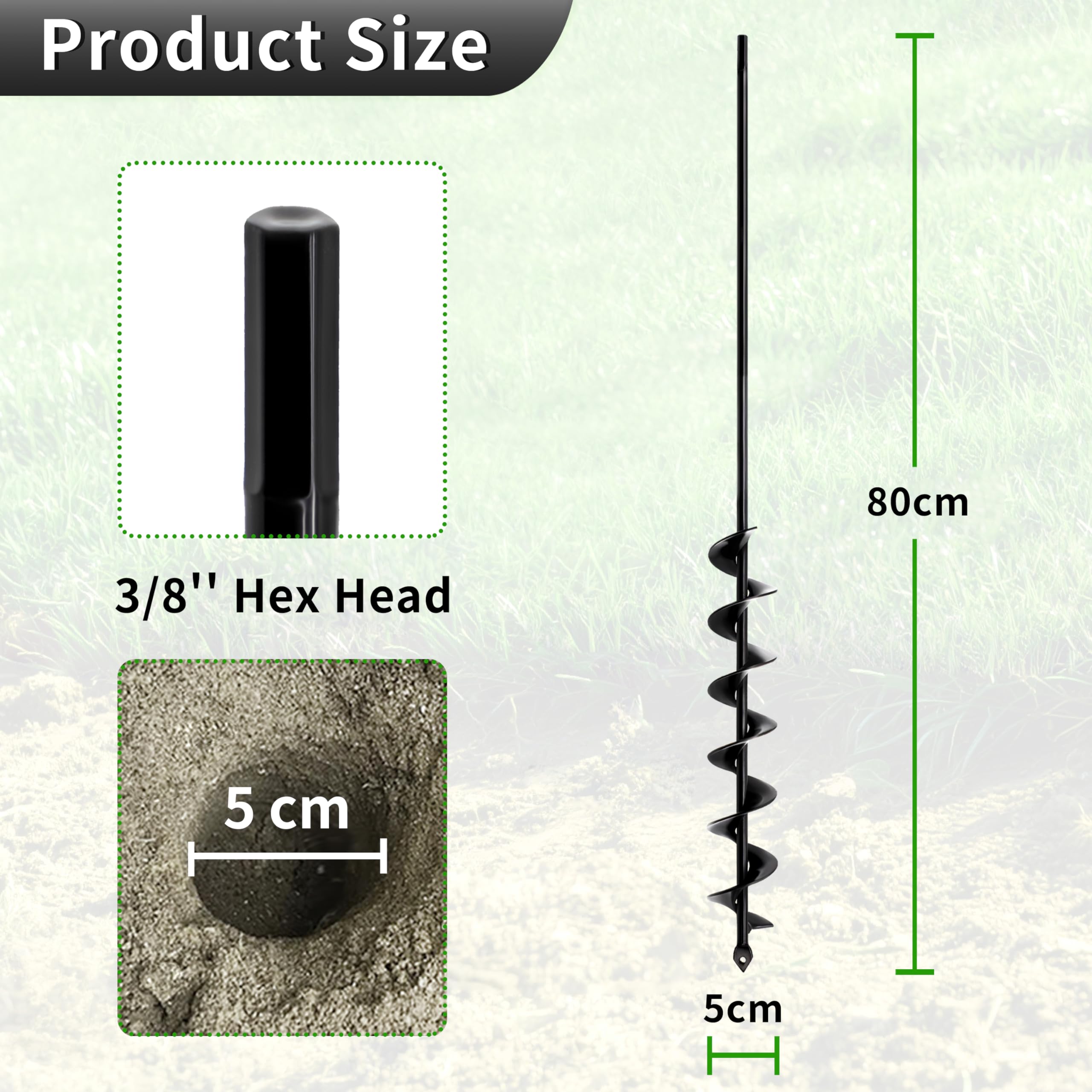 5x80cm Black Foret hélicoïdal de jardin Vis de jardin,Tarière pour perceuse, foret de plantation, foret de plantation pour visseuse sans fil