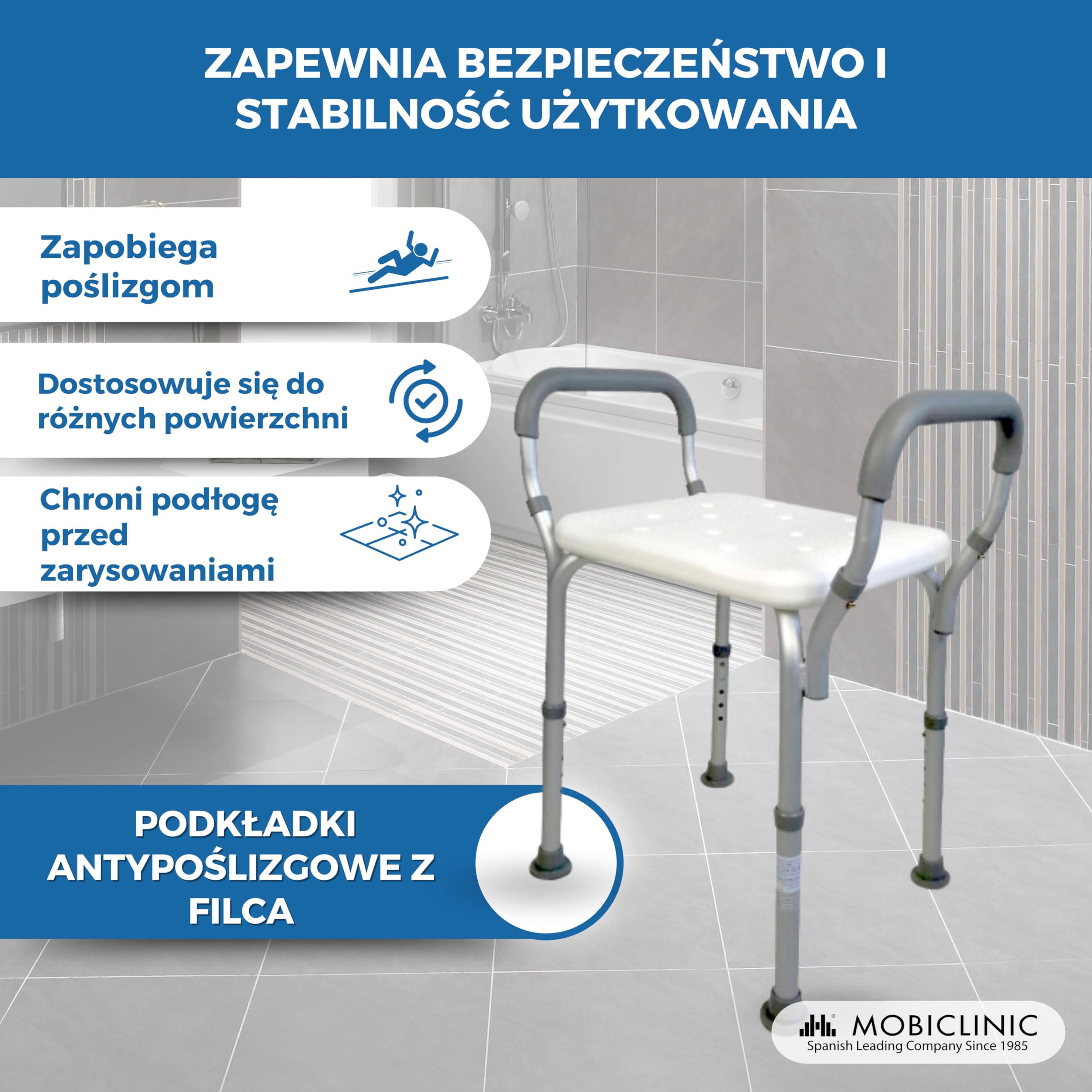 Mobiclinic stołek kąpielowy z regulacją wysokości, Wygodne wyściełane podłokietniki, Antypoślizgowe okucia, Model: acueducto