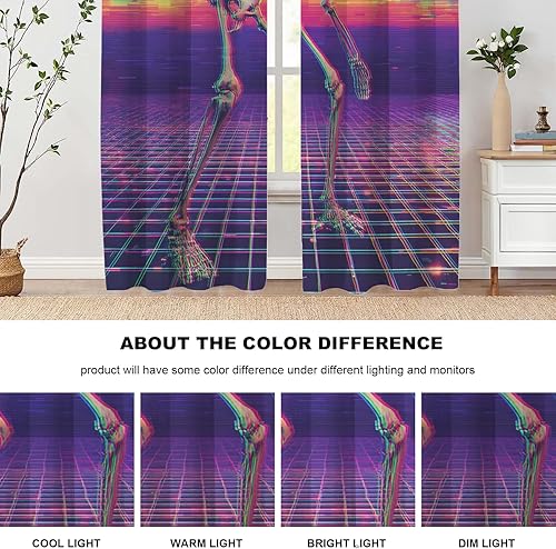 Miniatura 6 de Skeleton Digital Corruption Bedroom Curtains, Neon Cyberpunk Skeleton Scene Blackout Drapes Grommet Insulated Thermal Curtains for Living Room,