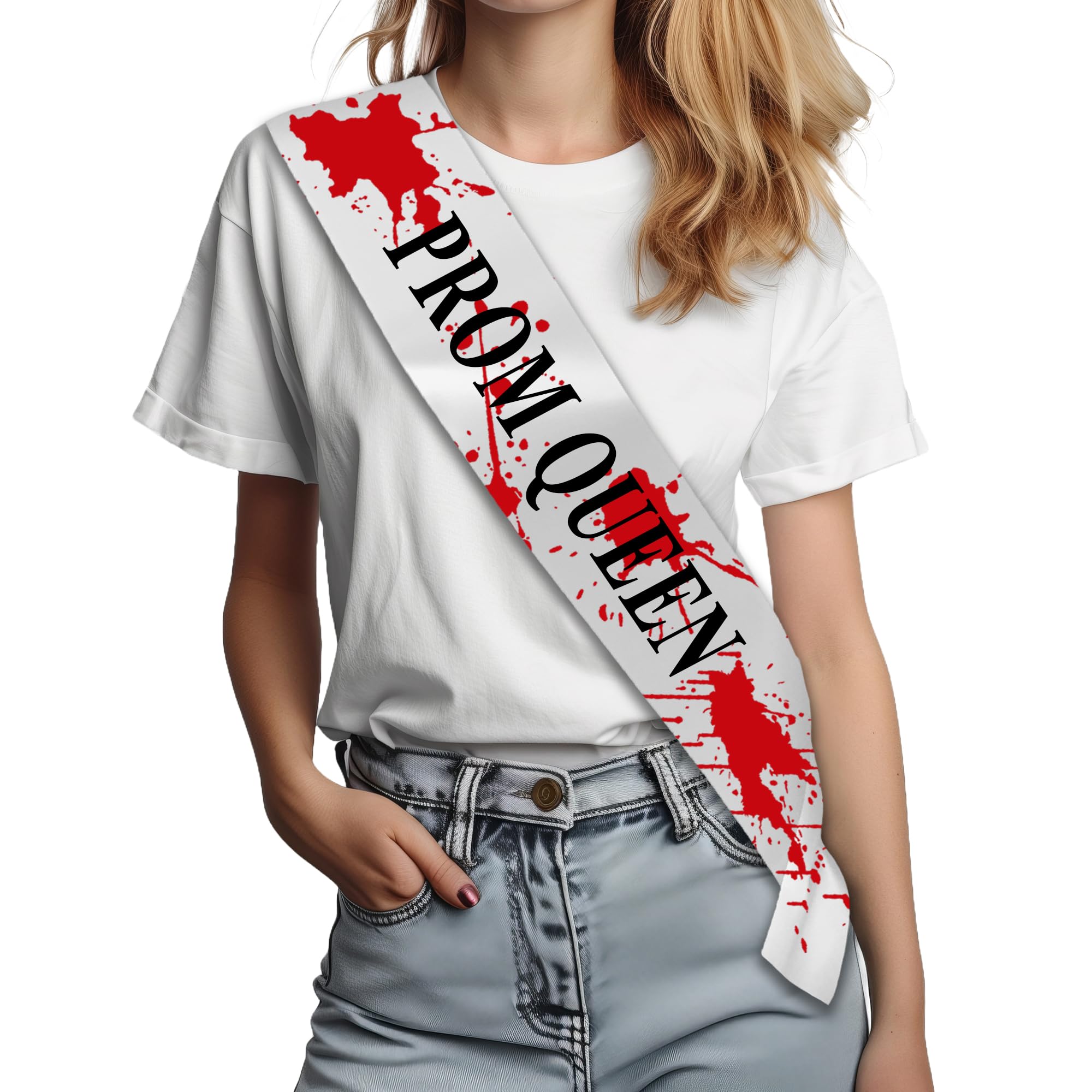 Zombie Prom Queen Halloween Costume Blood Stained Sash, White, 160Cm X 10Cm - Image 4