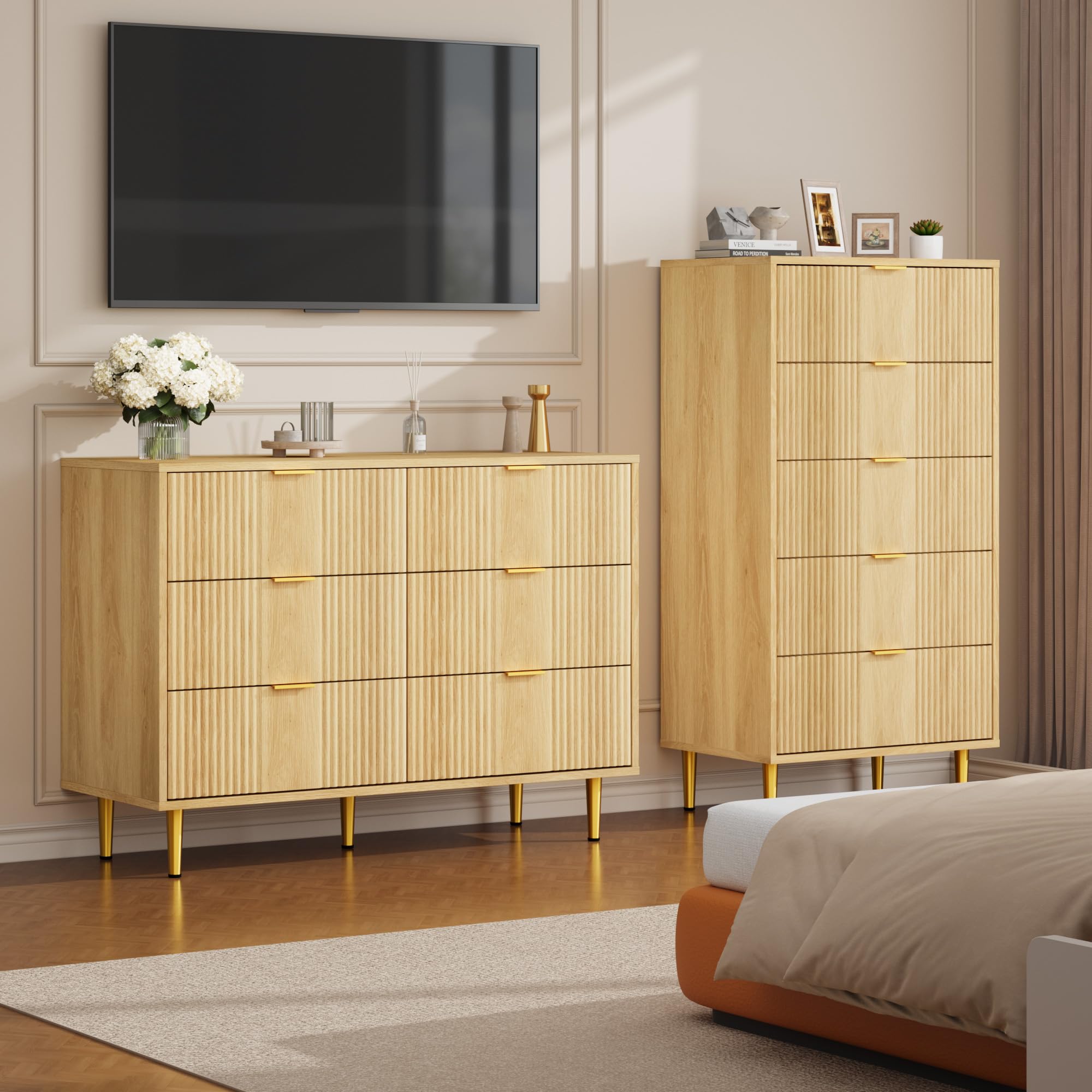 Garvee Kommode Mit 5 Schubladen, Komodenschrank, Schubladenschrank, Wäschekommode, Für Schlafzimmer Möbel Für Wohnzimmer Büro Flur,Eiche,60 x 40 x 112 cm