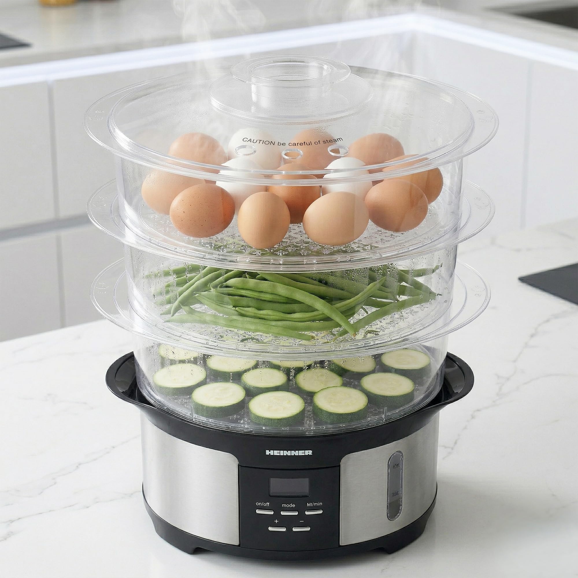 ONE STEAM Dampfgarer 12 L – 3 Etagen, 5 Garprogramme & Startvorwahl bis 12 Std für komplette Mahlzeiten auf Knopfdruck (1000 W, Edelstahl-Gehäuse)