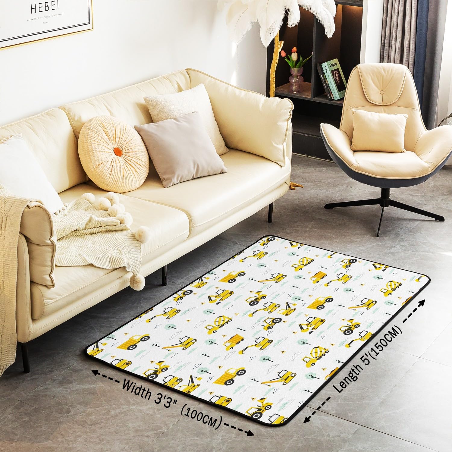 Loussiesd Tappeto da salotto per veicoli da costruzione, 150 x 200 cm, tappeto per bambini con escavatore per ragazzi, attrezzature e camion, tappetino per interni, tappeto decorativo per auto con