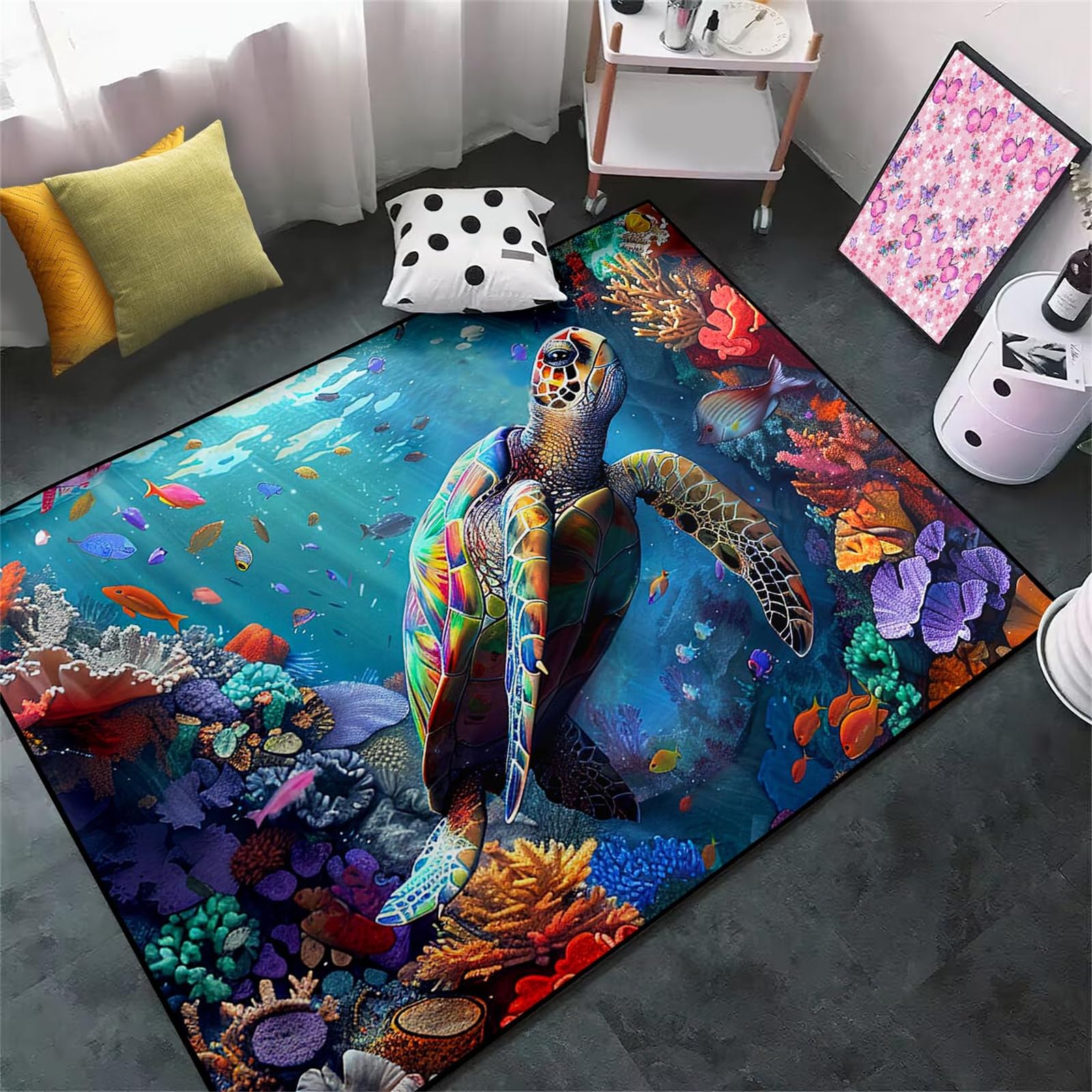 Sea Turtle Rug - Sea Turtle Rug for Bedroom Coral Printted Mat Sea Animal Underwater Carpet Sea Turtle Carpet for Kids Bedroom Living Room Decor,2'5''