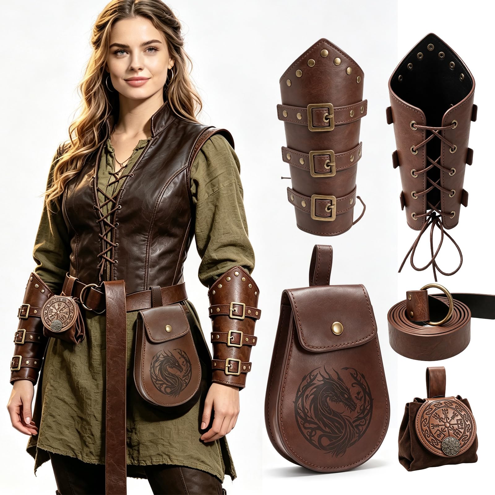 MospdyGear Brown 4-Piece Medieval Costume Accessory Set, Vintage Belt, Waist Pouch, Leather Bracers, Ideal for Renaissance, LARP, Halloween, Suitable for Men and Women