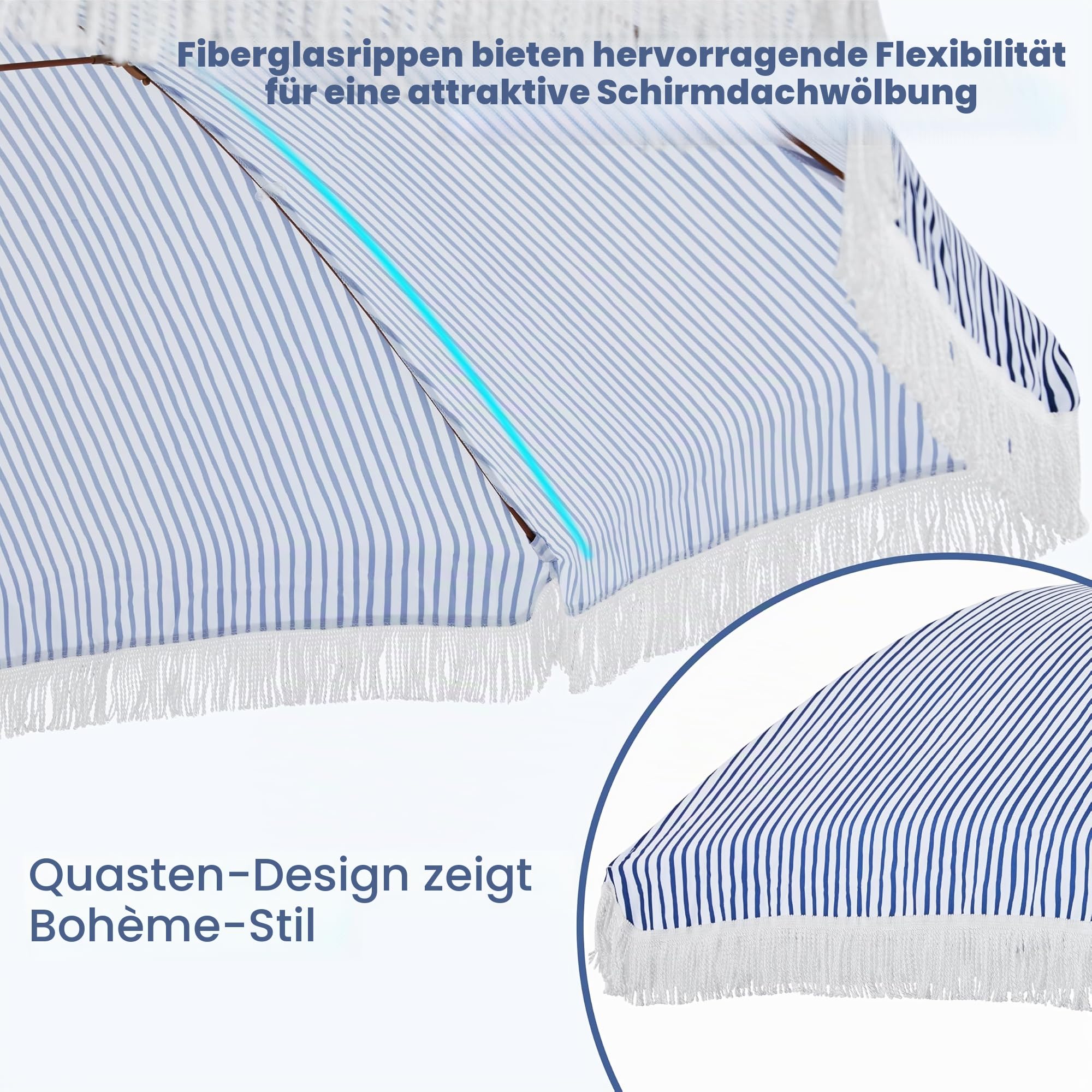Yaheetech Ø 215 cm Quasten Klappbarer Sonnenschirme neigbar mit kurbel | Romantischer Gartenschirm 8-Glasfaserrippen-Schirm mit Fransen Kurbelschirm Sonnenschutz Terrassenschirm UV-Schutz, Blau&Weiß